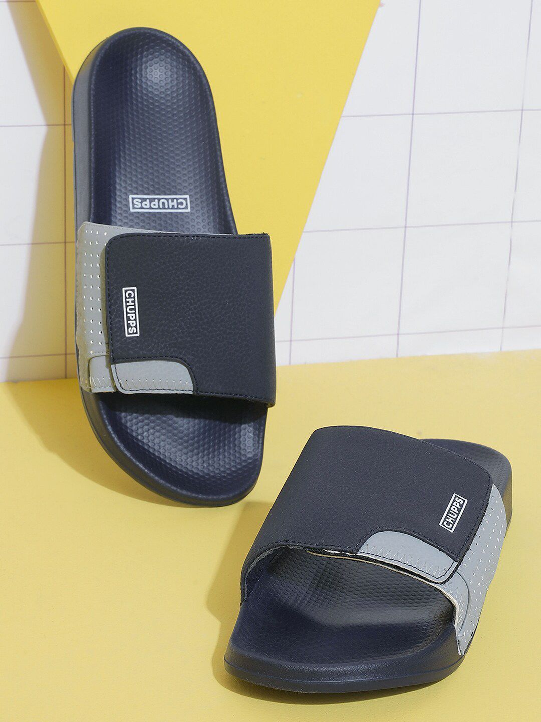 CHUPPS Men Navy Grey Solid Hues Ergo-X Orthopedic Sliders