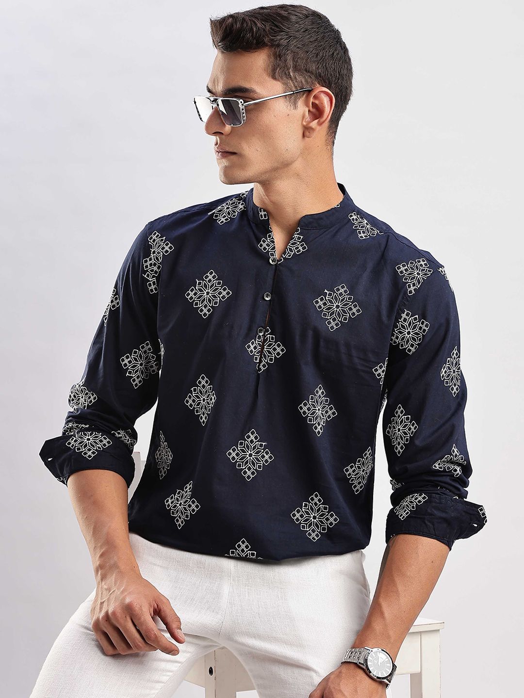 HERE&NOW  Floral Embroidered Mandarin Collar Cotton Short Kurta