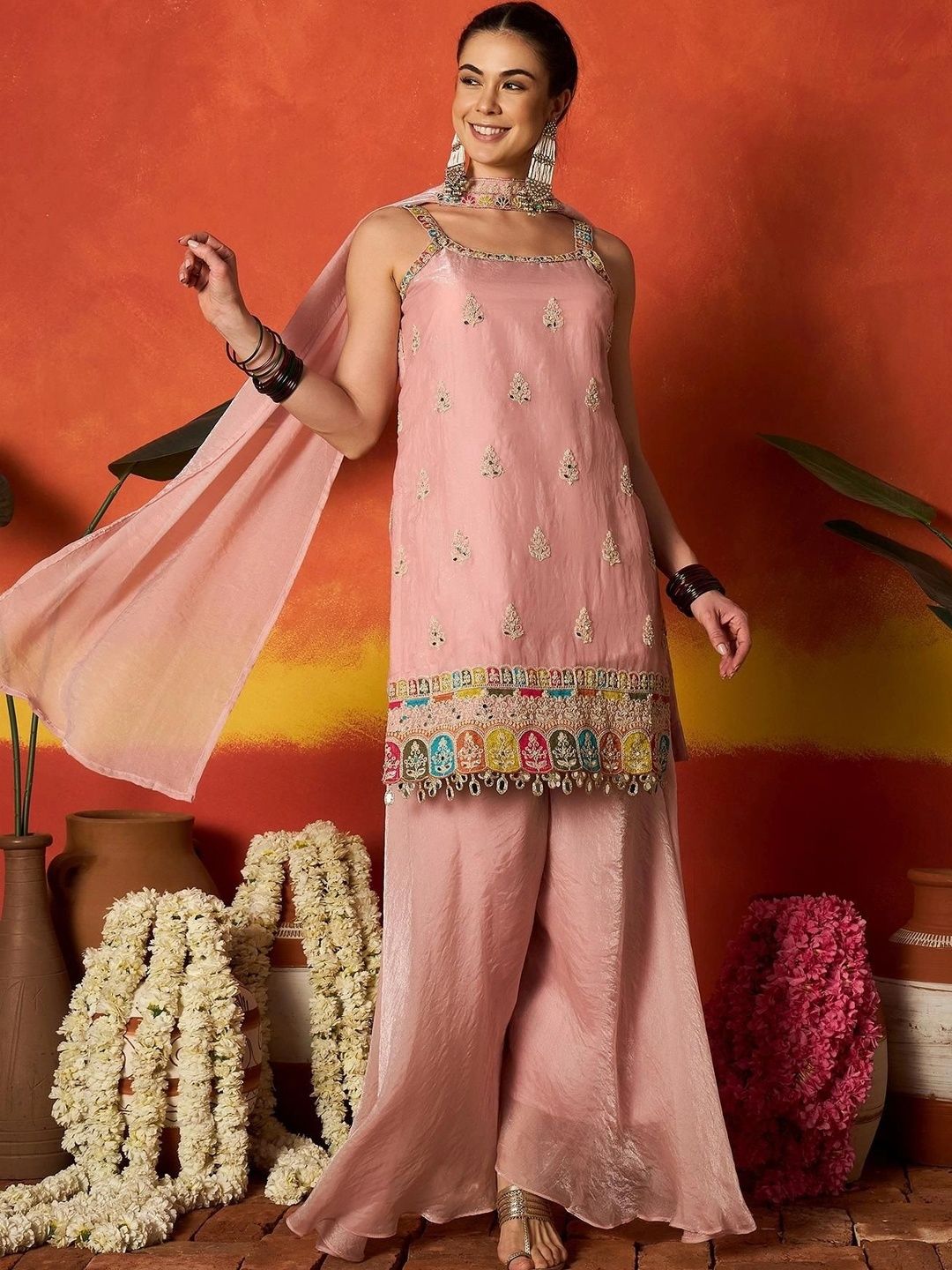 Sangria Women Ethnic Motifs Embroidered Regular Sequinned Kurta with Palazzos & With Dupatta