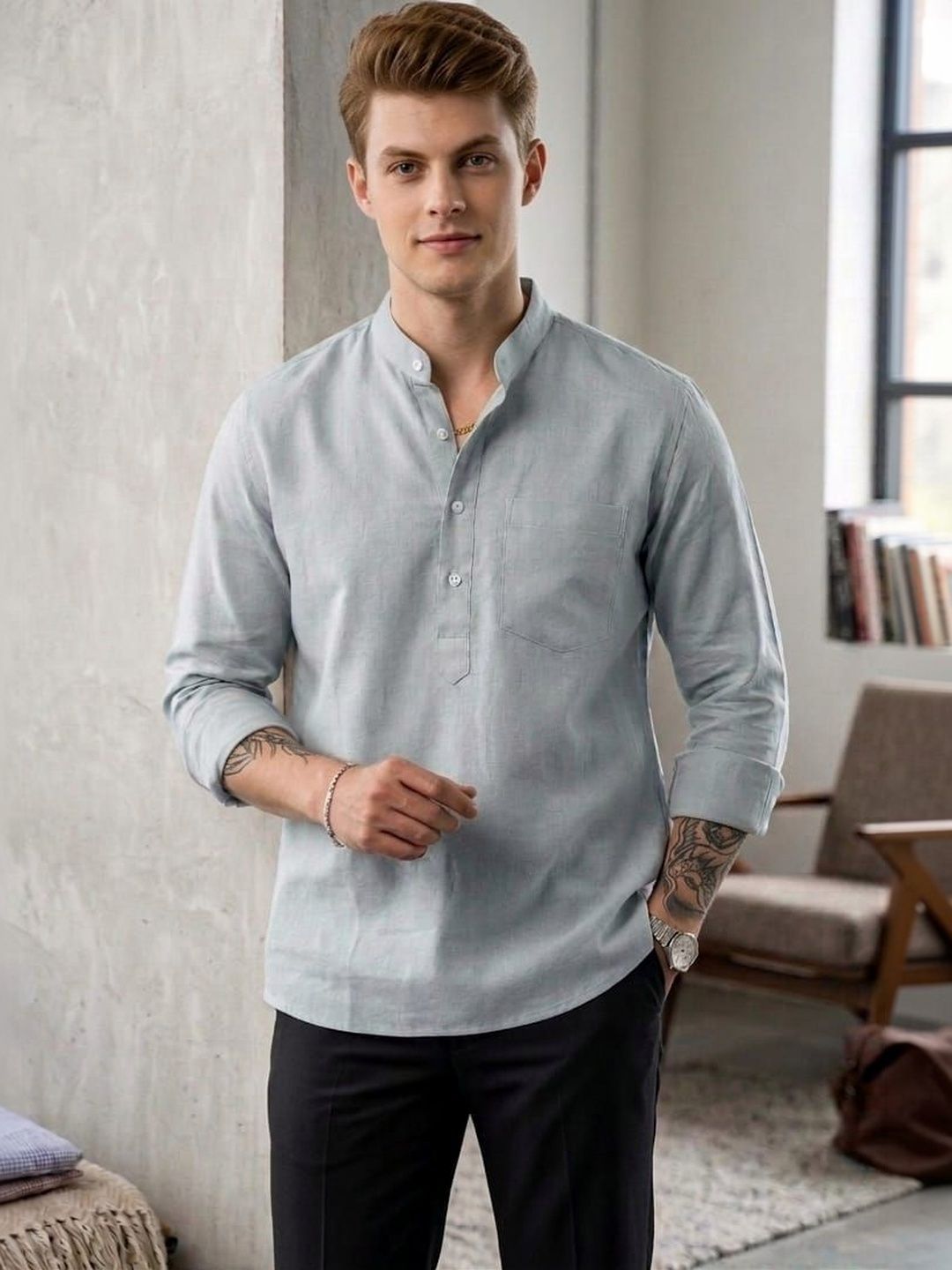 US MORATIO AMERICA Mandarin Collar Long Sleeves Pure Cotton Straight Kurta