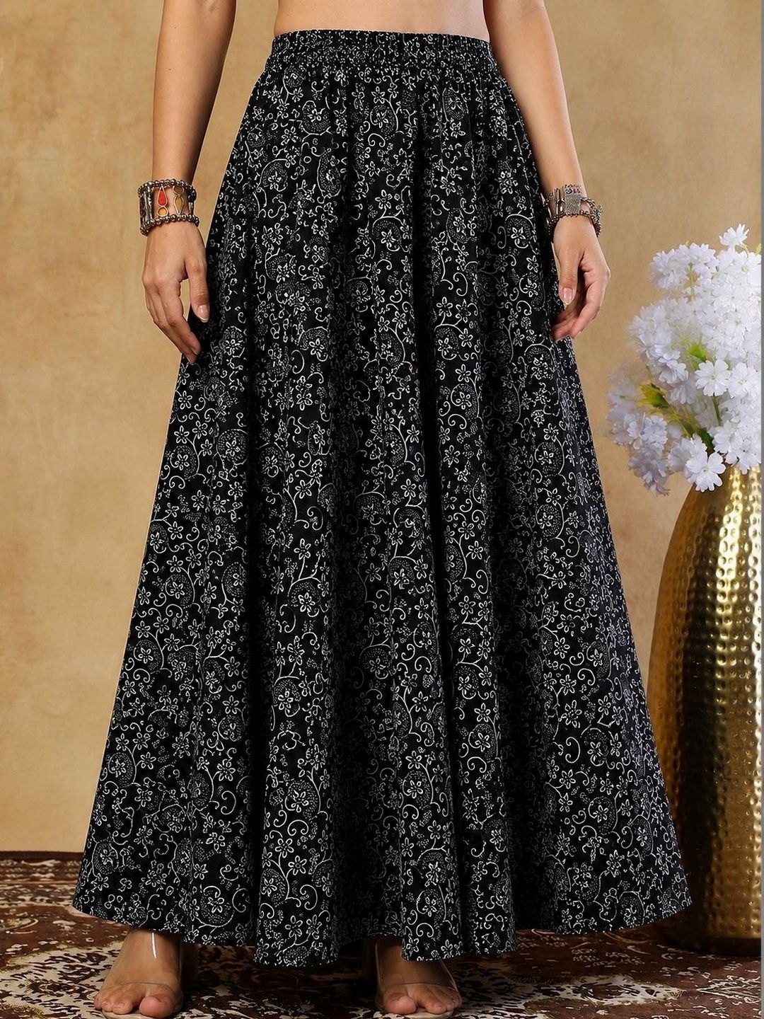 KALINI Women Cotton Floral Maxi Flared Skirt