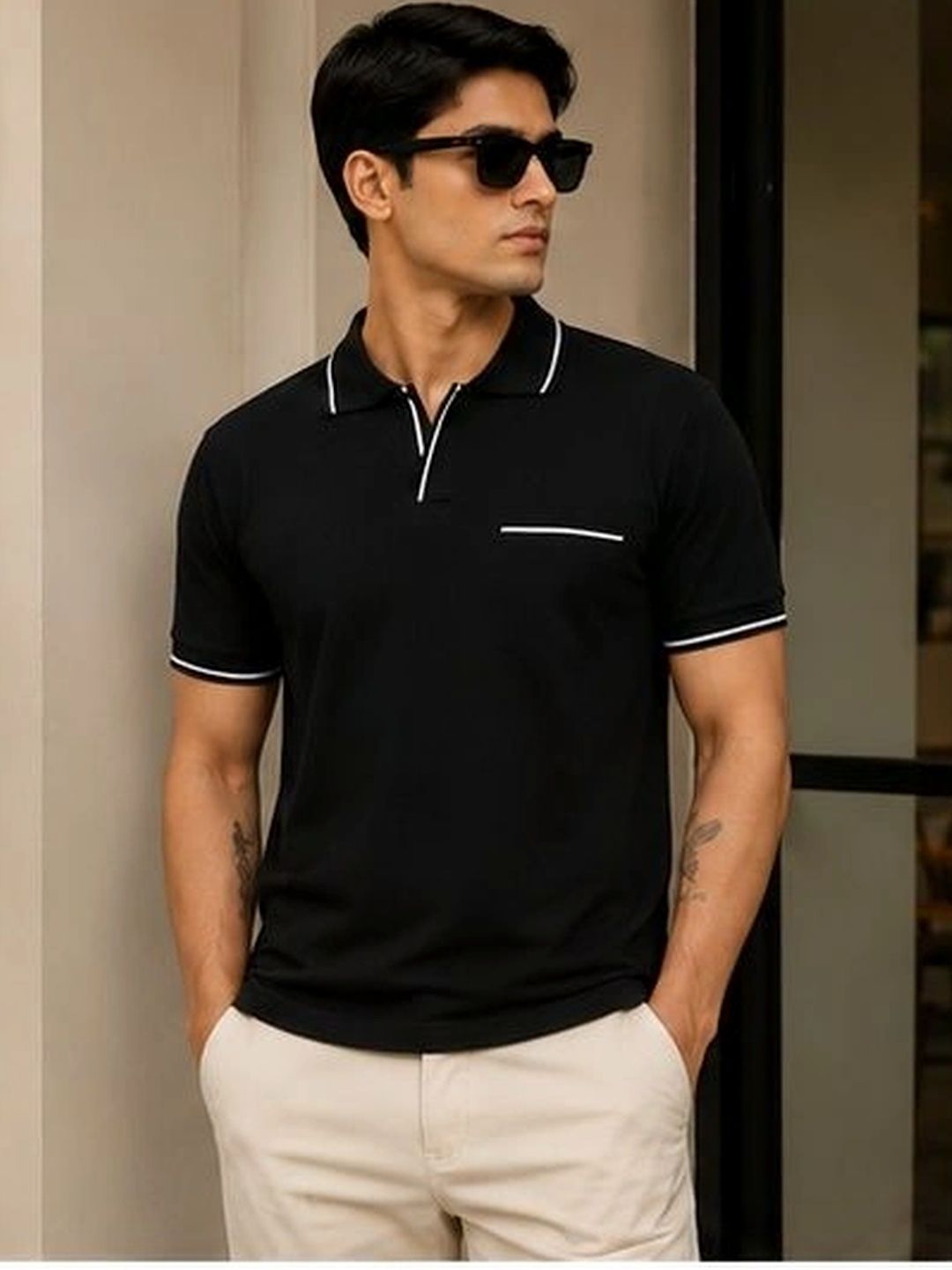 HERE&NOW Men Polo Collar Pockets T-shirt