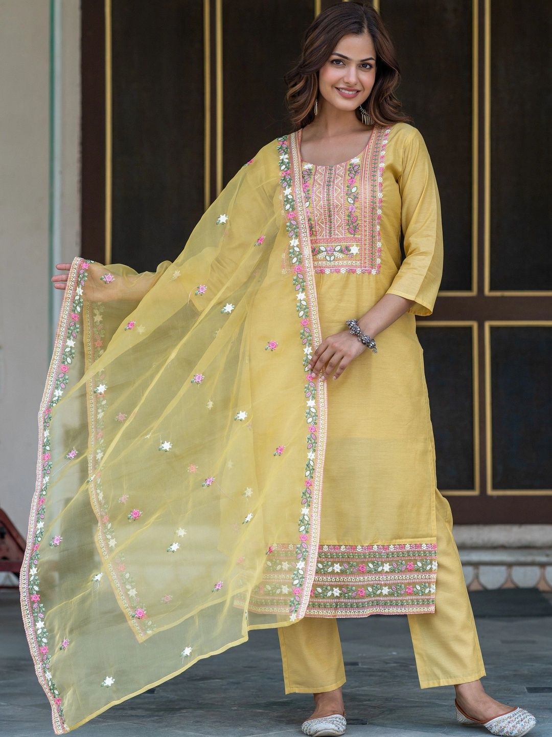 Sangria Women Ethnic Motifs Embroidered Chanderi Silk Kurta with Trousers & With Dupatta