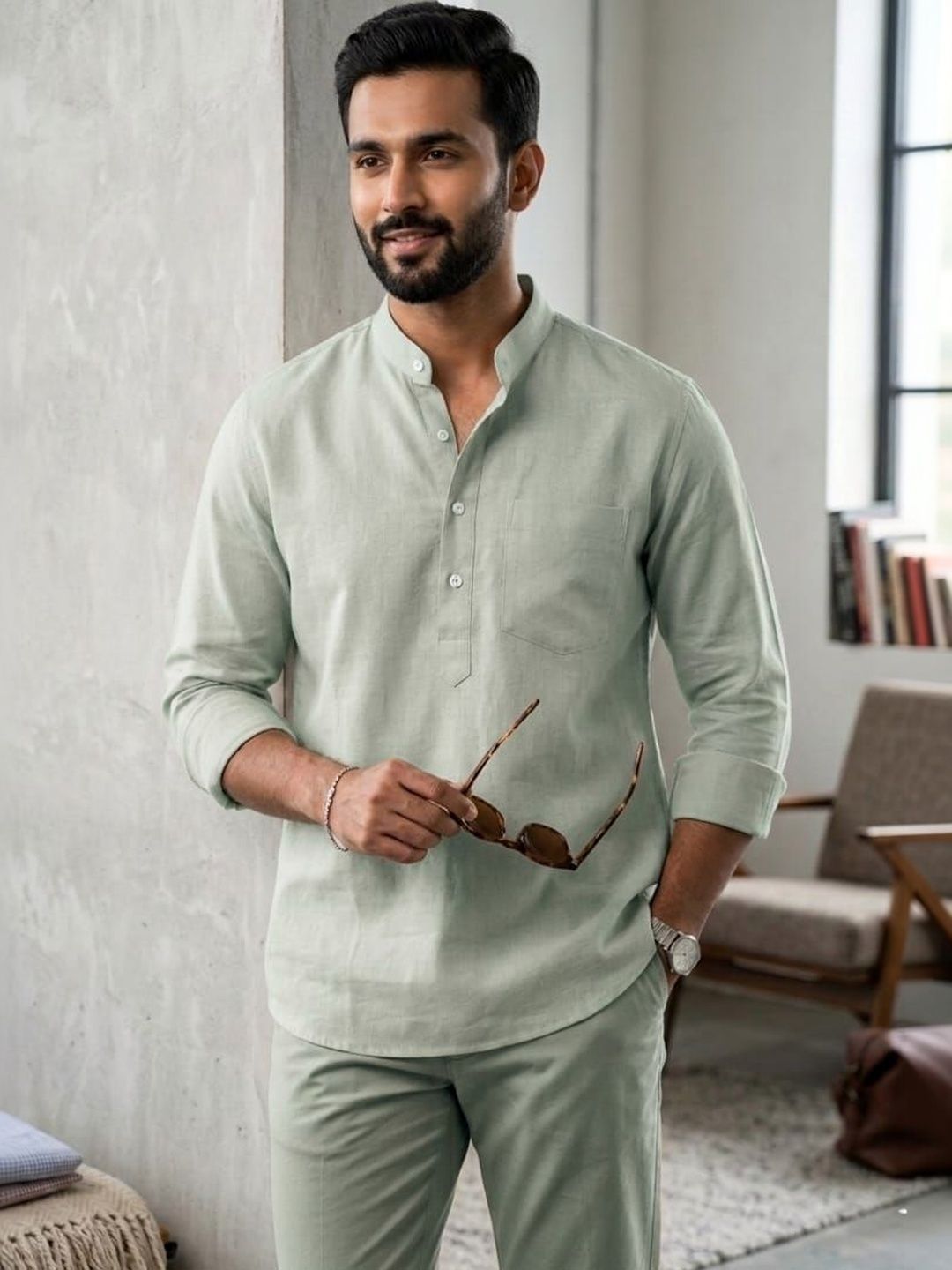 US MORATIO AMERICA Mandarin Collar Long Sleeves Pure Cotton Straight Kurta