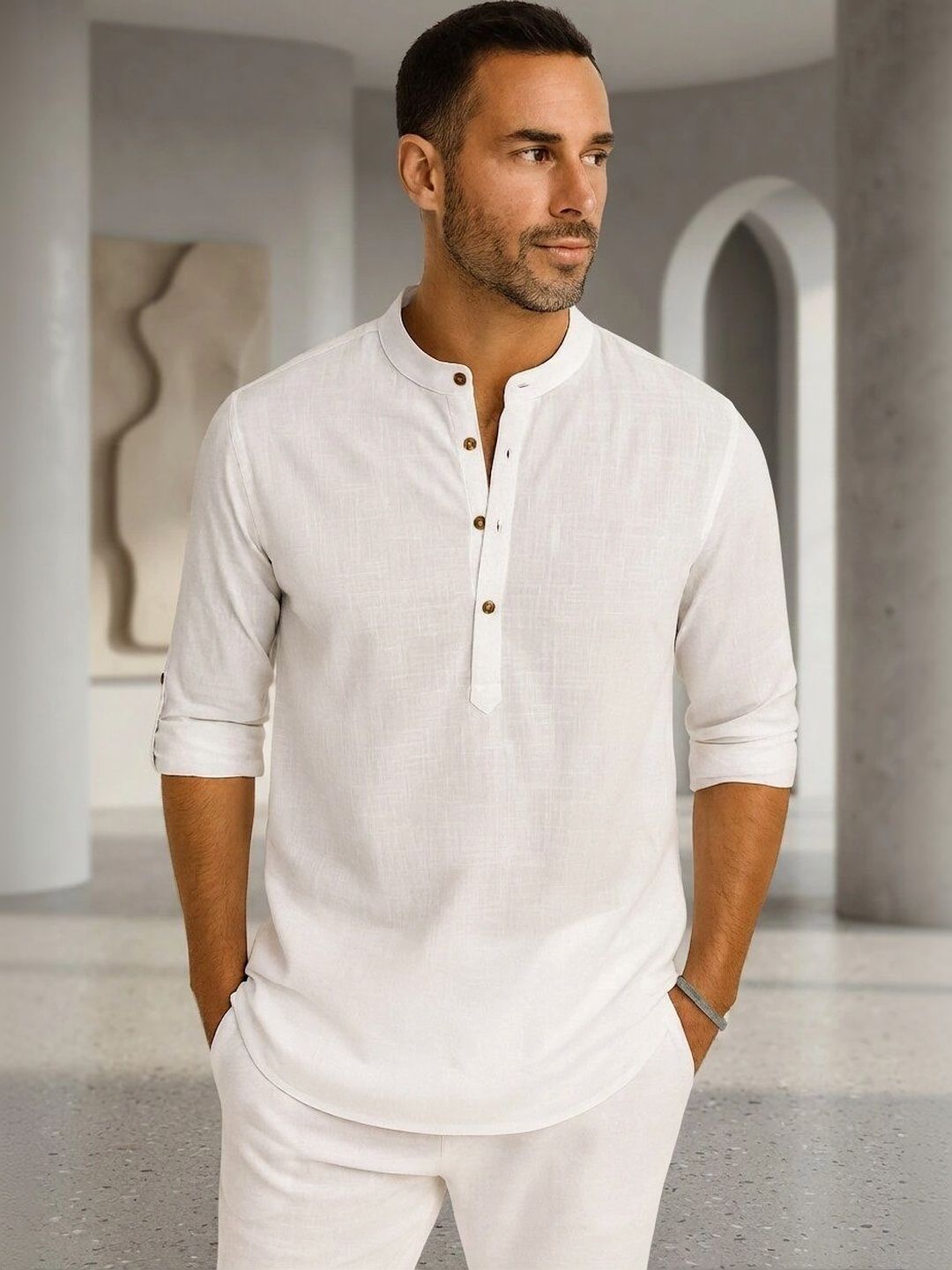 ZBIO Men Mandarin Collar Roll-Up Sleeves Straight Kurta