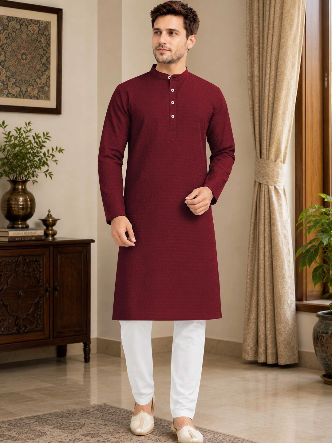 VeBNoR Men Thread Work Dobby Kurta