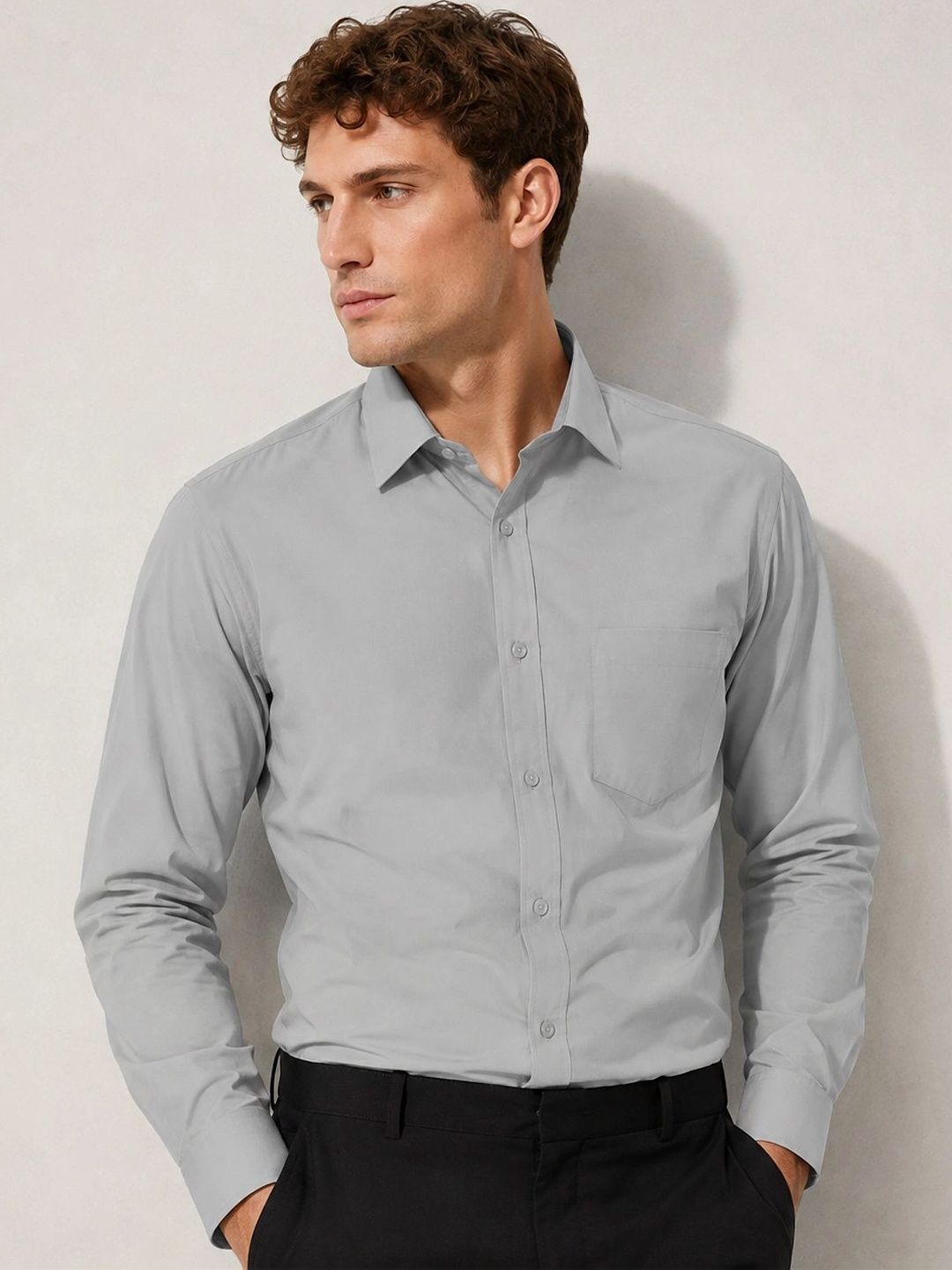 English Navy Men Grey Slim Fit Solid Formal Shirt