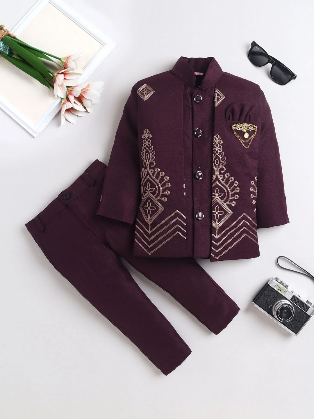 Miss & Chief Boys Embroidered Mandarin Collar Sherwani Set