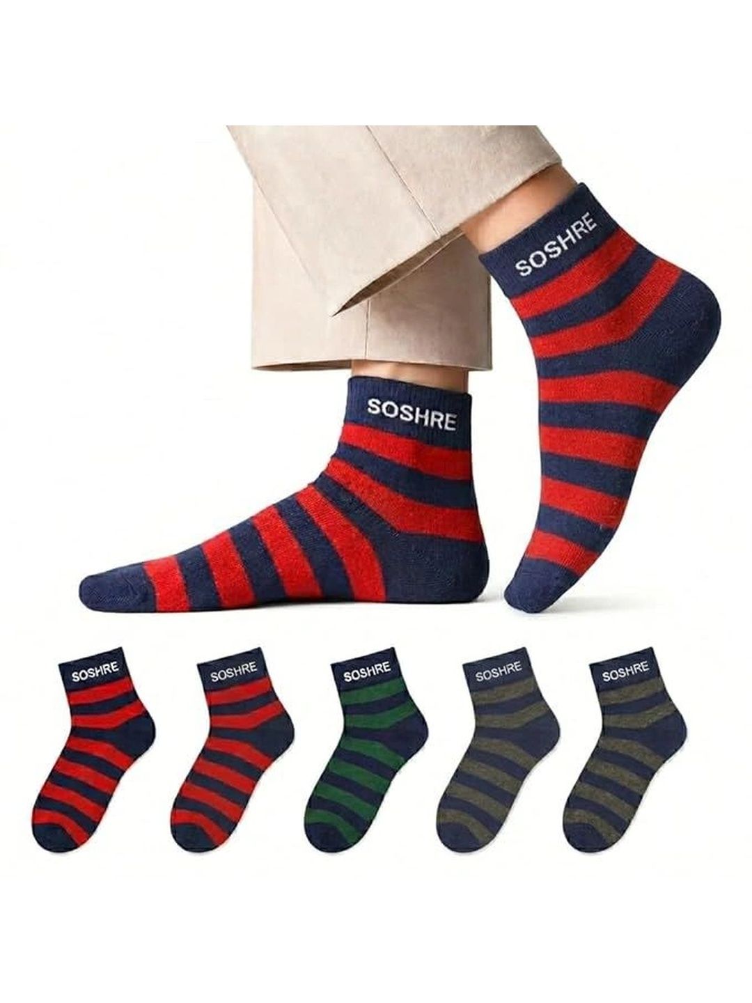 SOSHRE Men Pack of 3 Cotton Assorted Striped Above Ankle Socks