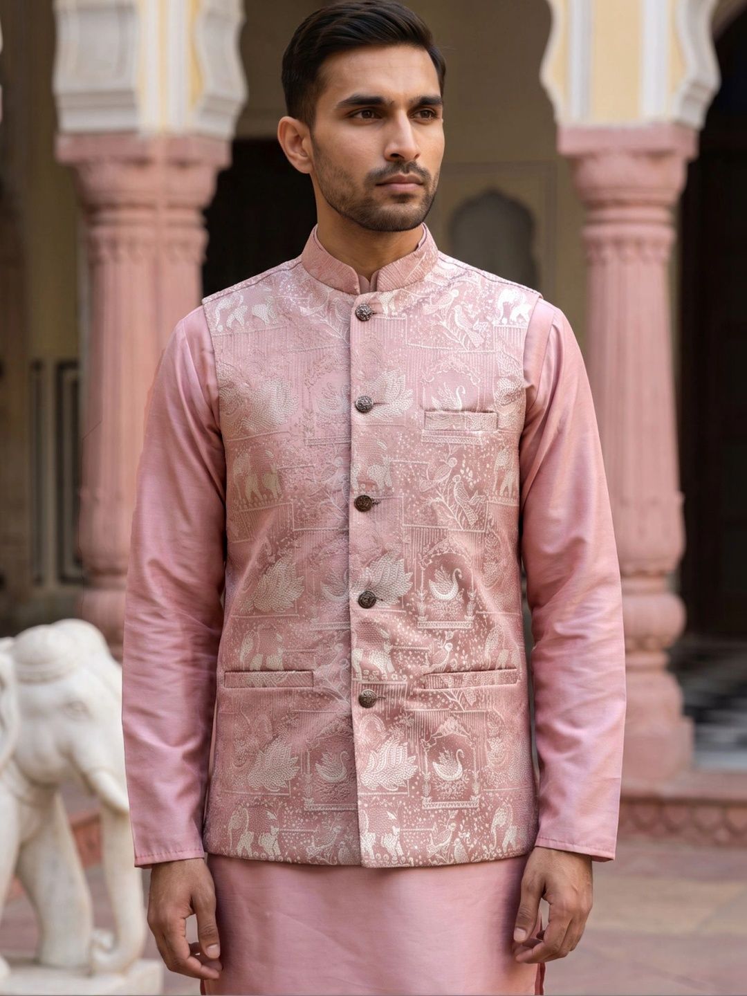 House of Pataudi Woven Ethnic Nehru Jacket