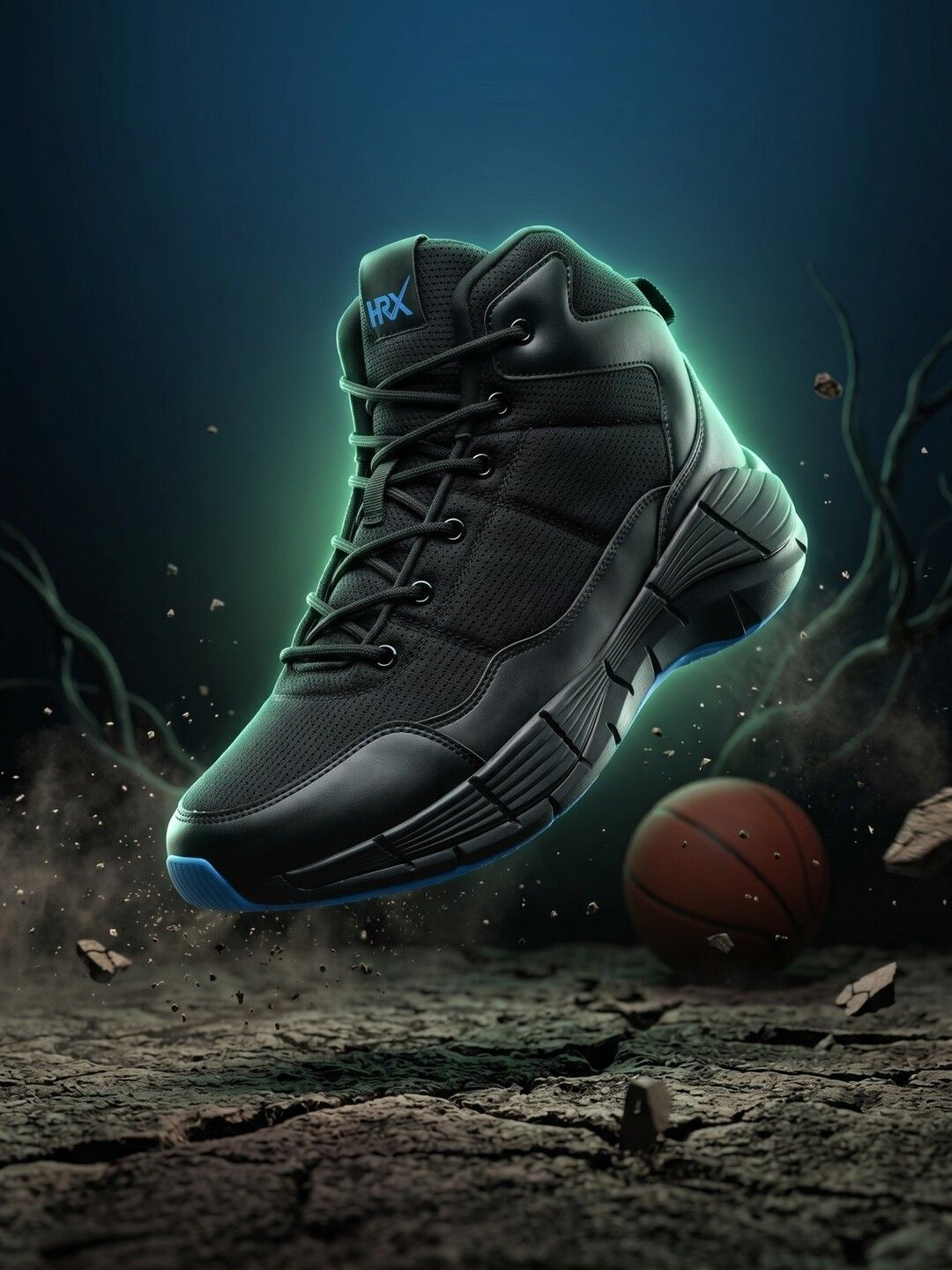 HRX by Hrithik Roshan Men Black & Blue Mid Top Mesh Basketball Shoes