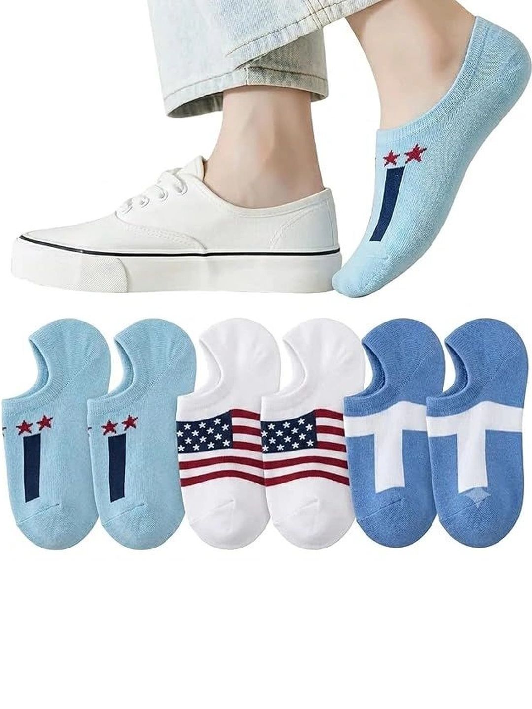 SOSHRE Men Pack of 3 Cotton Assorted Patterned Shoe Liners Socks