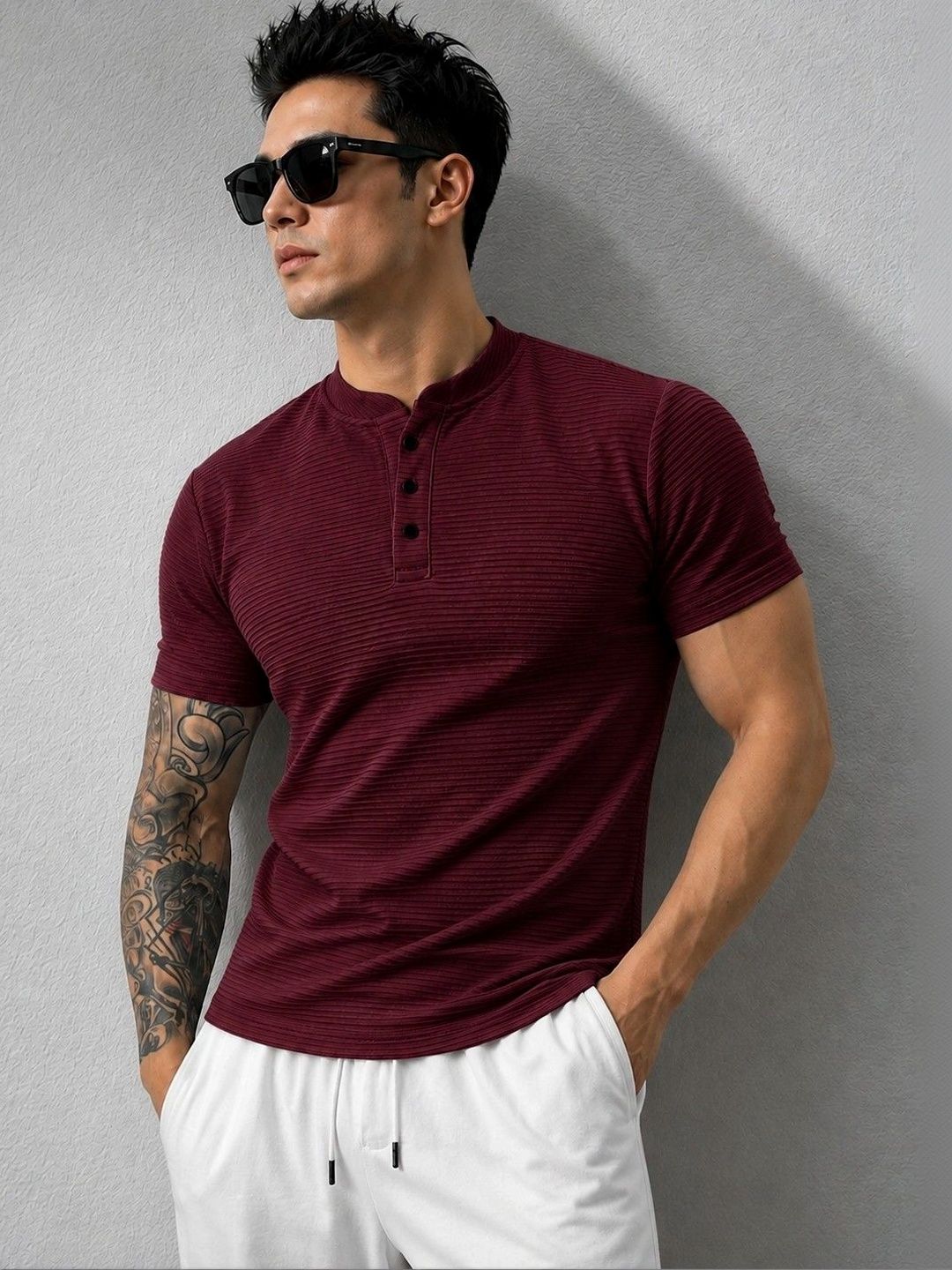 RUFICA Men Mandarin Collar T-shirt