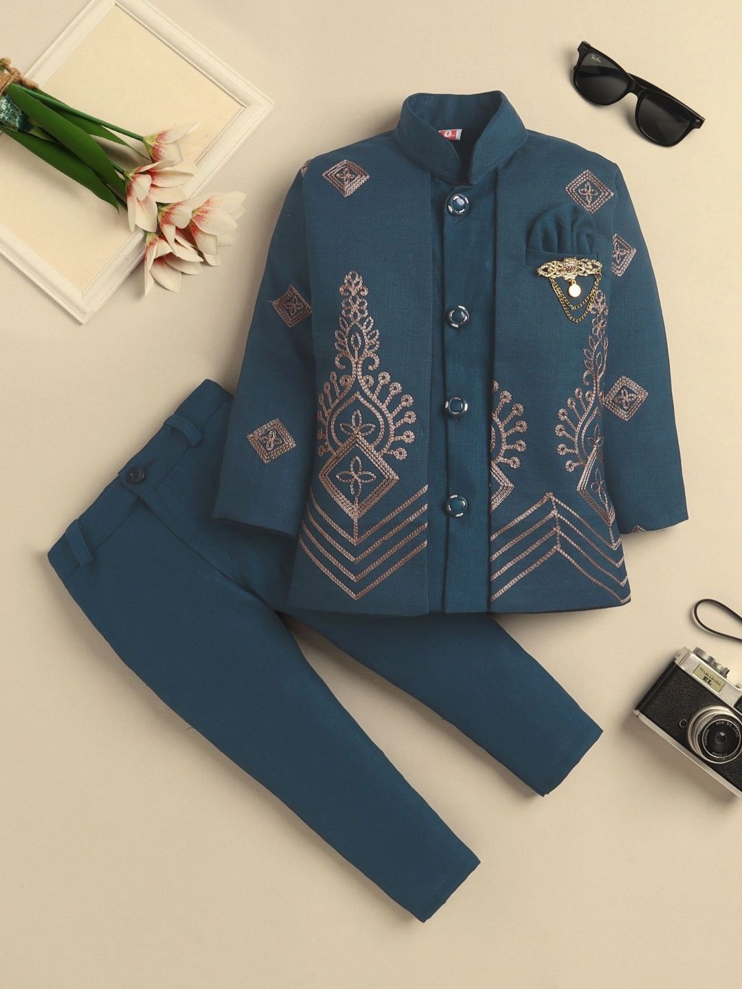 Sangria Boys Embroidered Mandarin Collar Sherwani