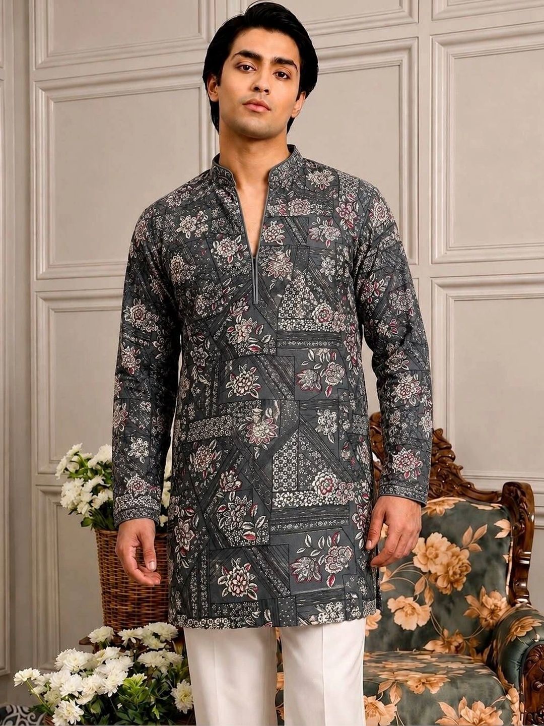 House of Pataudi Men Floral Printed Floral Kurta