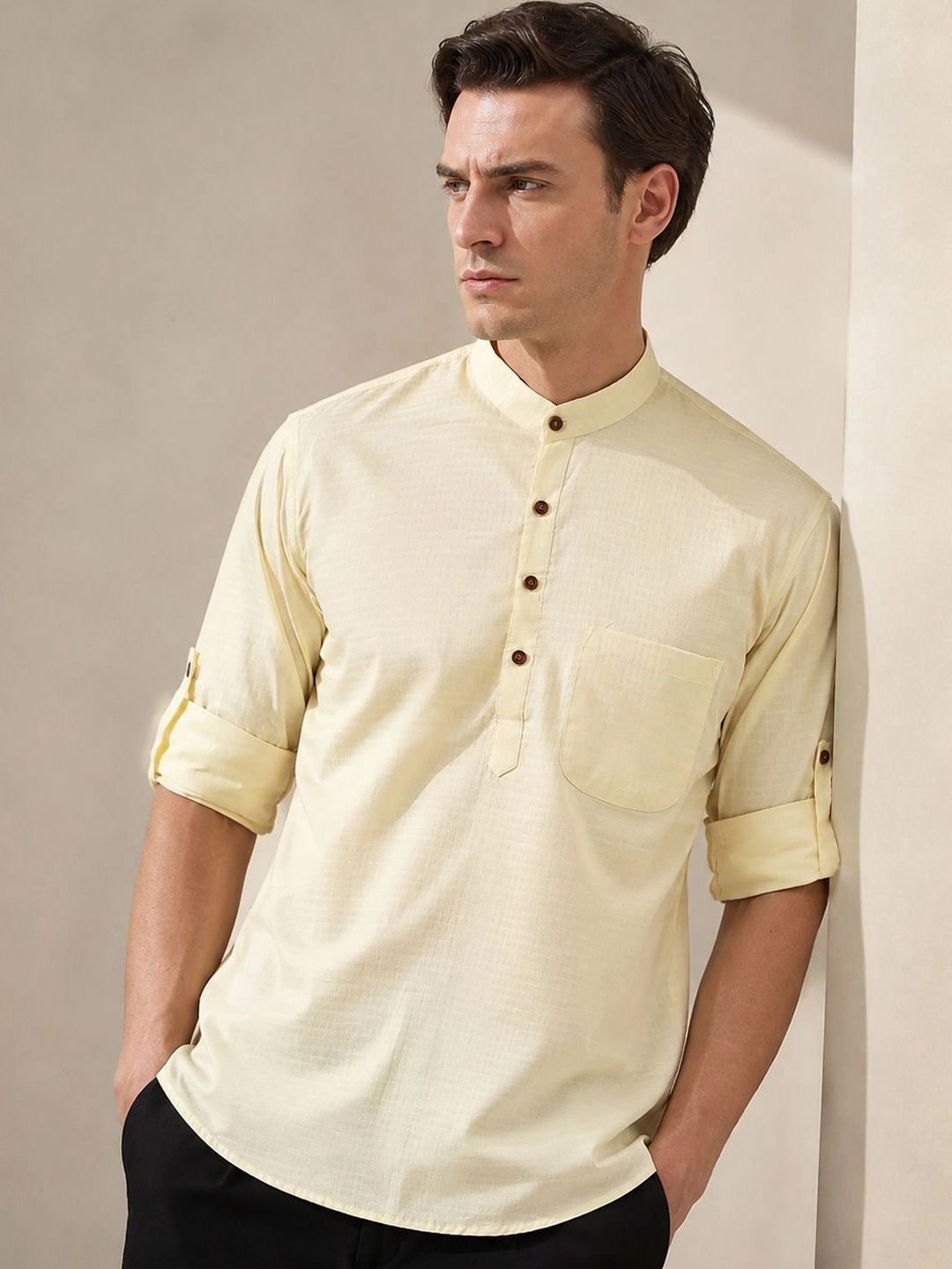 Hancock Self Design Band Collar Roll Up Sleeves Pure Cotton Short Kurta