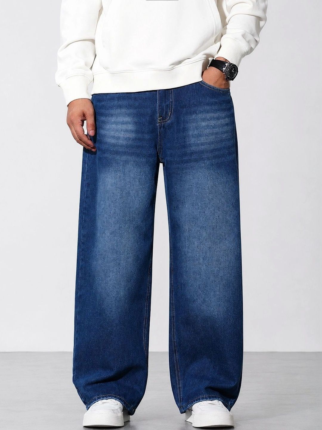PINKLIT Men Wide Leg Mid-Rise Medium Shade Jeans
