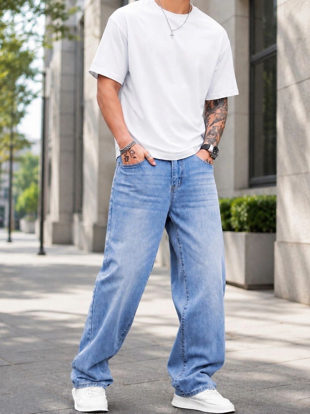 PINKLIT Men Wide Leg Mid-Rise Light Fade Jeans