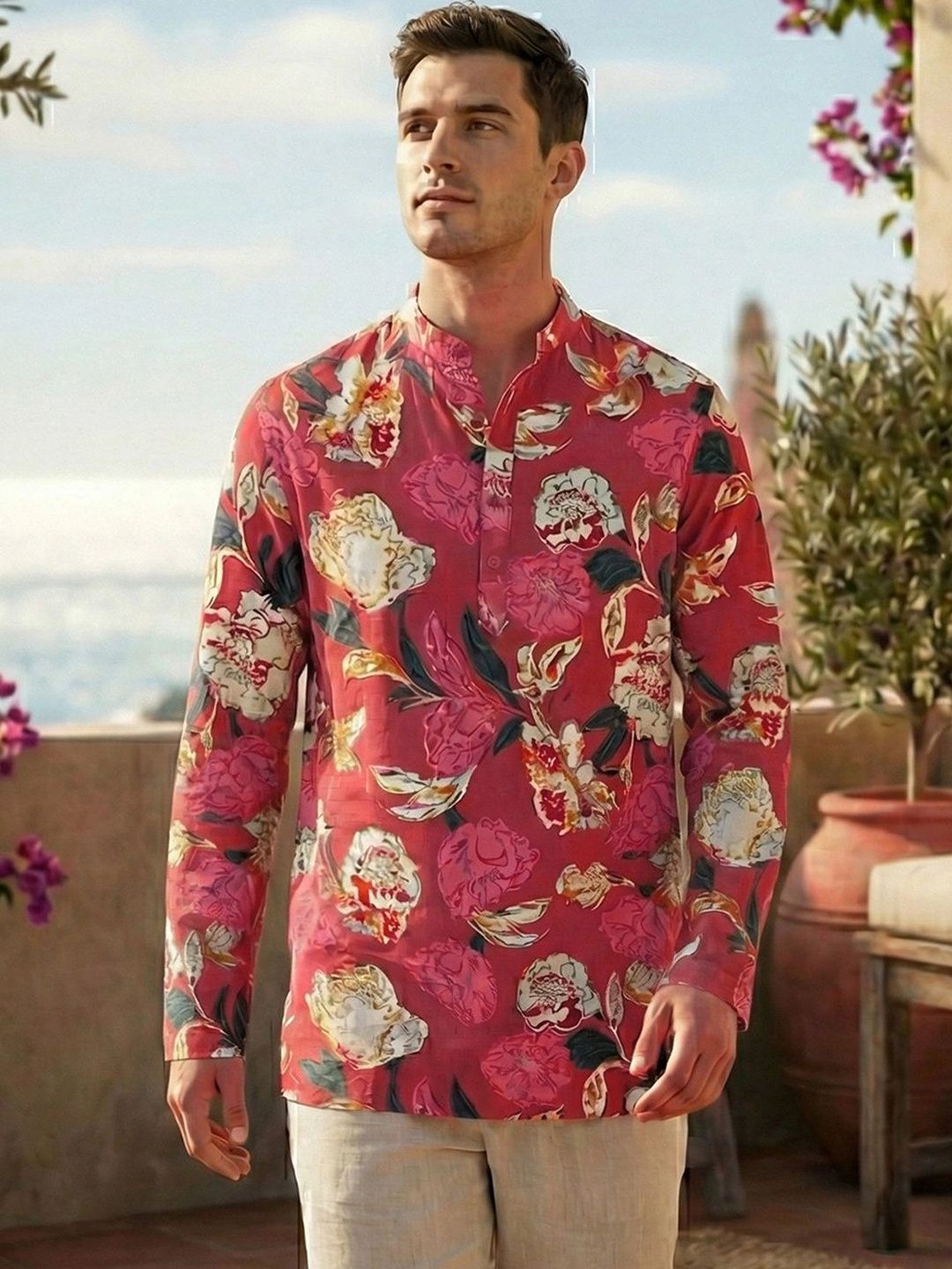 House of Pataudi Men Floral Printed Straight Kurta