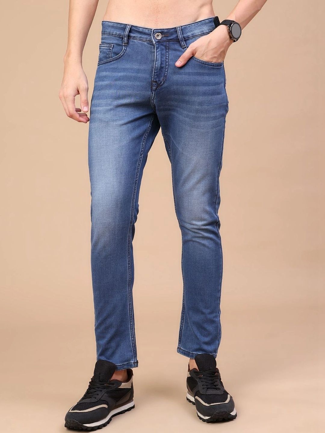 V-Mart Men Solid Cotton Knitted Regular Fit Mid-Rise Jeans