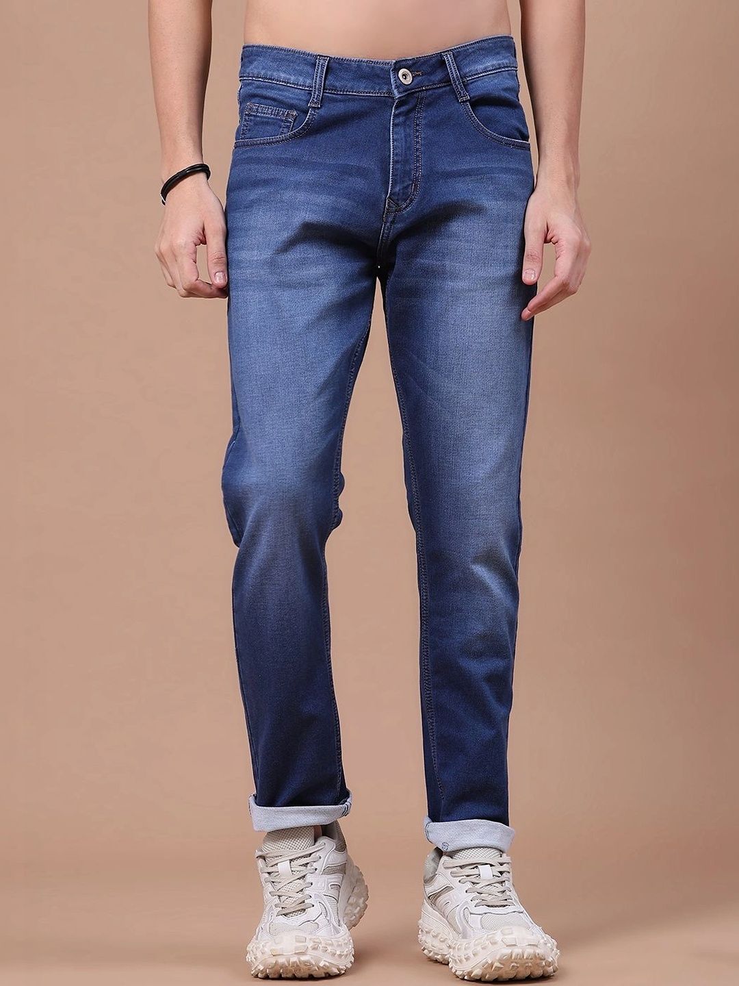 V-Mart Men Regular Fit Mid-Rise Low Distress Cuffed Hem Jeans