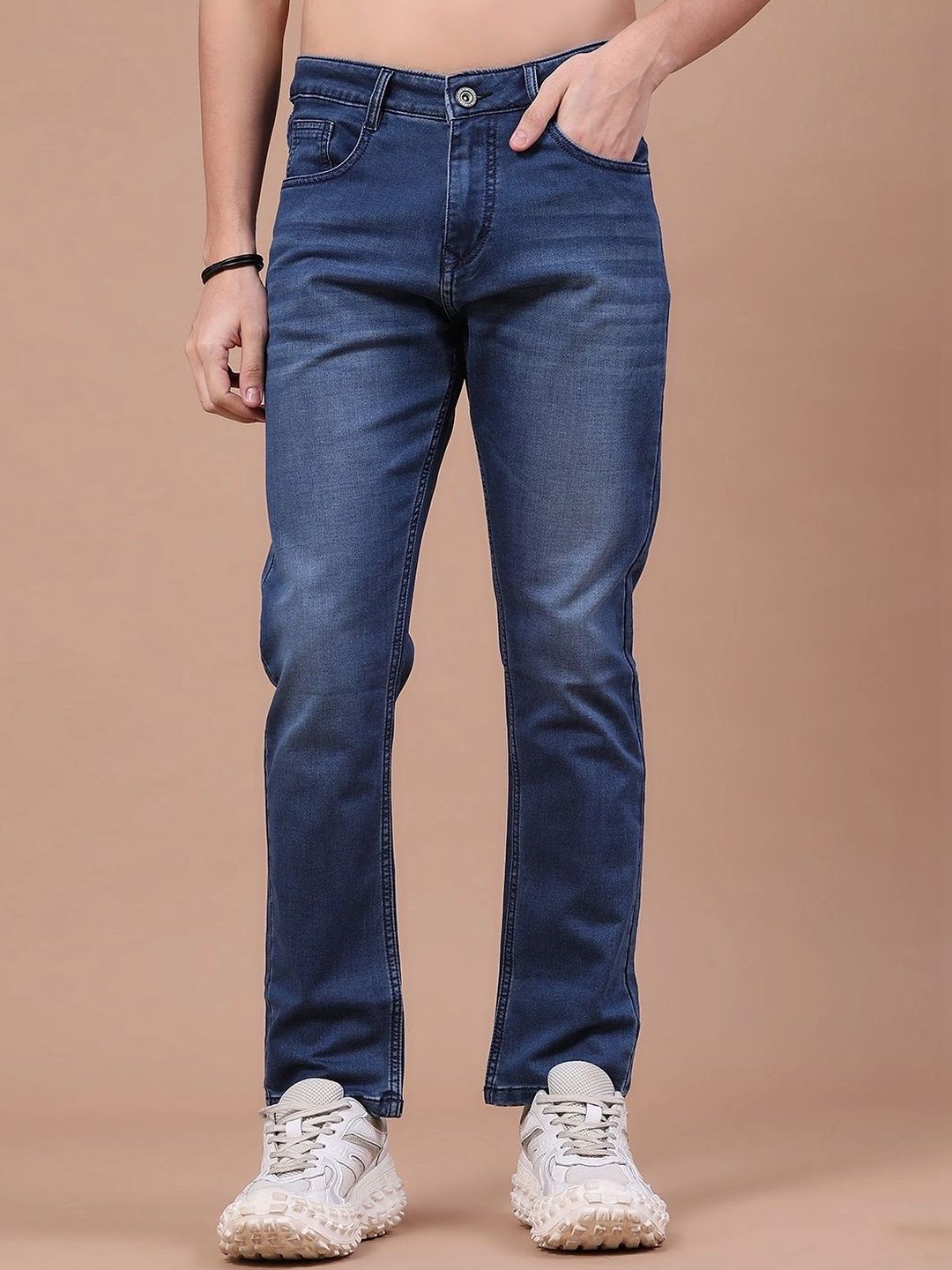 V-Mart Men Solid Cotton Knitted Regular Fit Mid-Rise Jeans