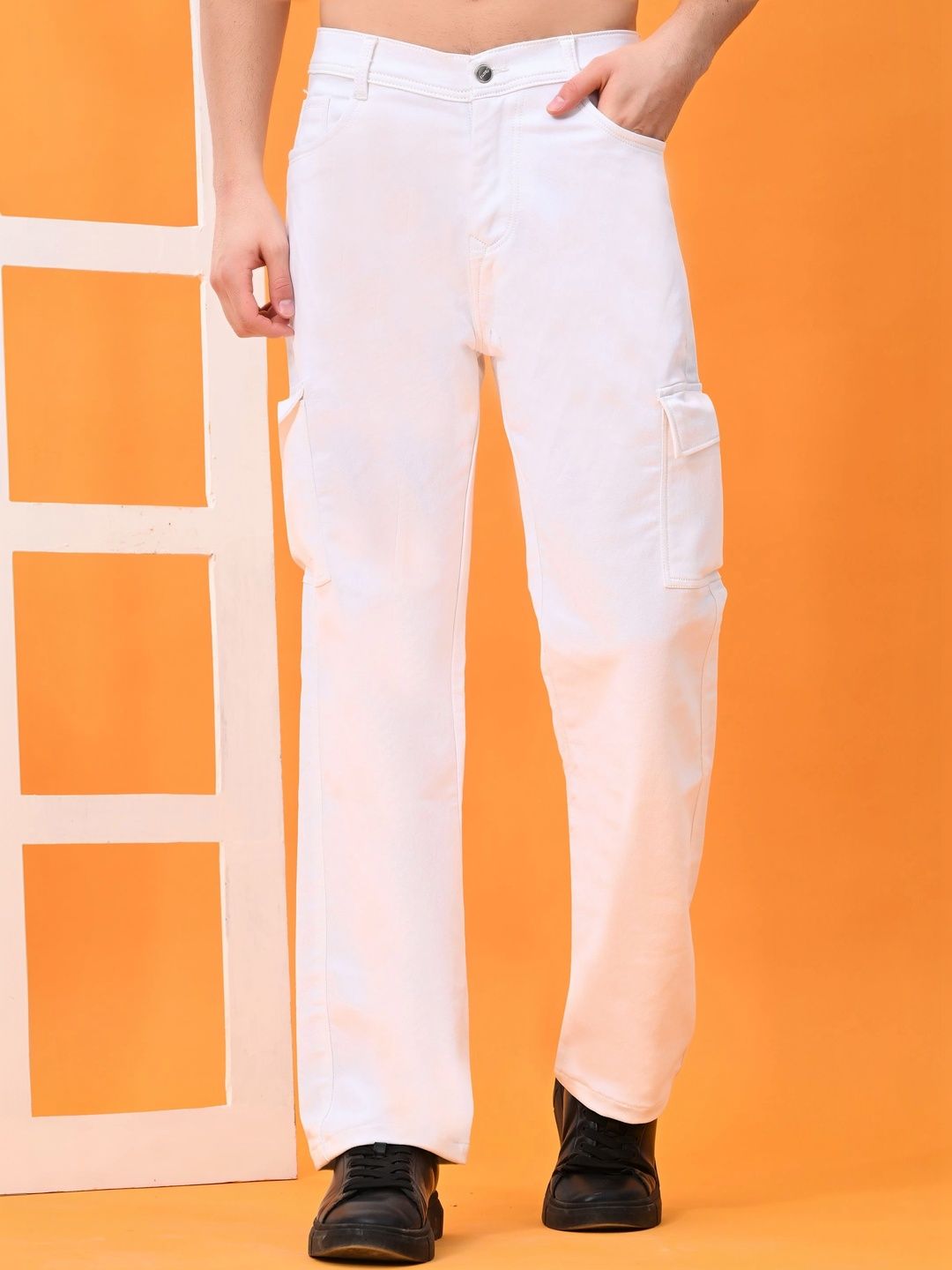 HERE&NOW Men's Coated White Mid-Rise Cargo Straight Fit Jeans