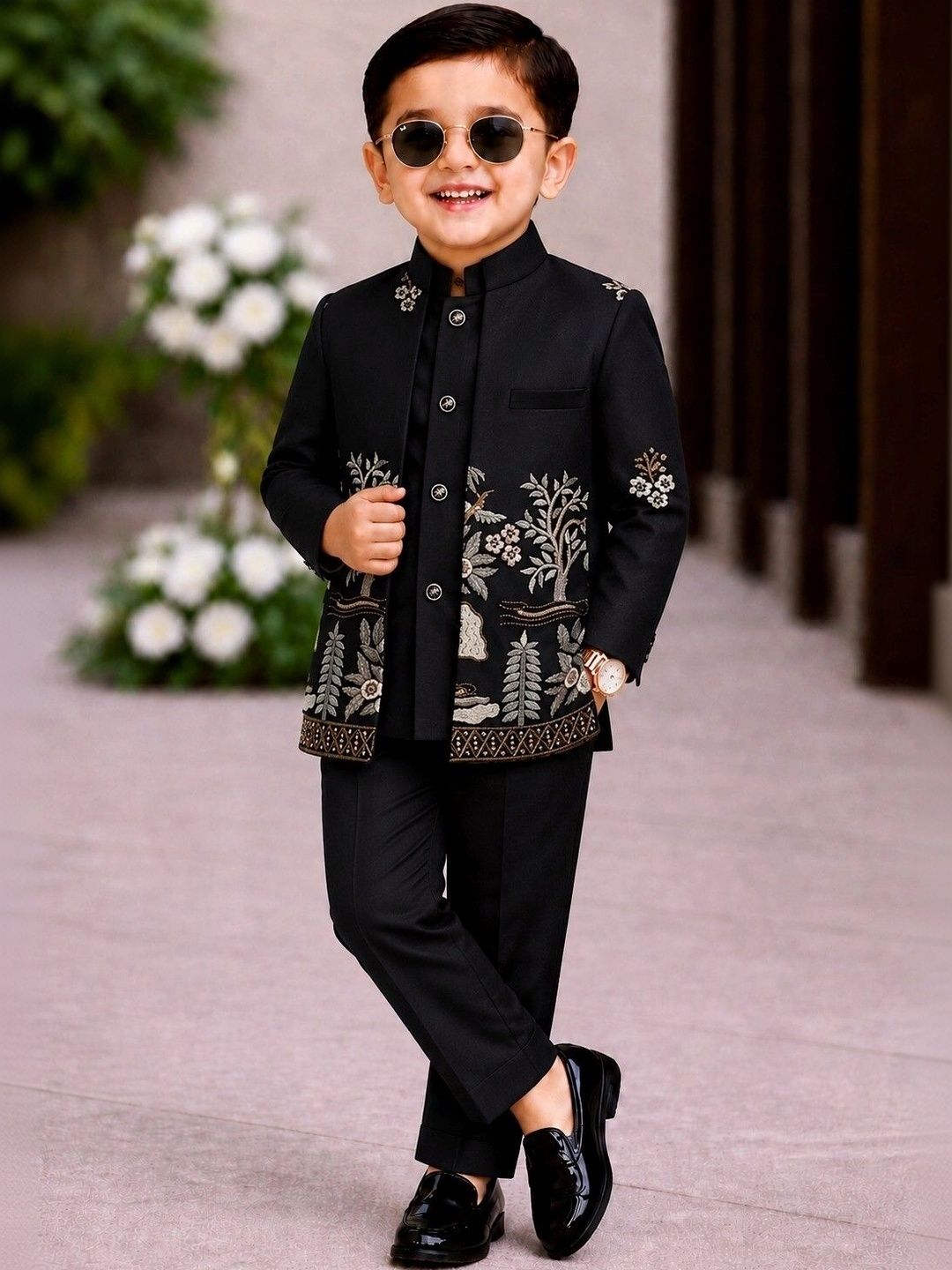 ELITE TRENDZZ Boys Embroidered Satin Mandarin Collar Neck Sherwani Set