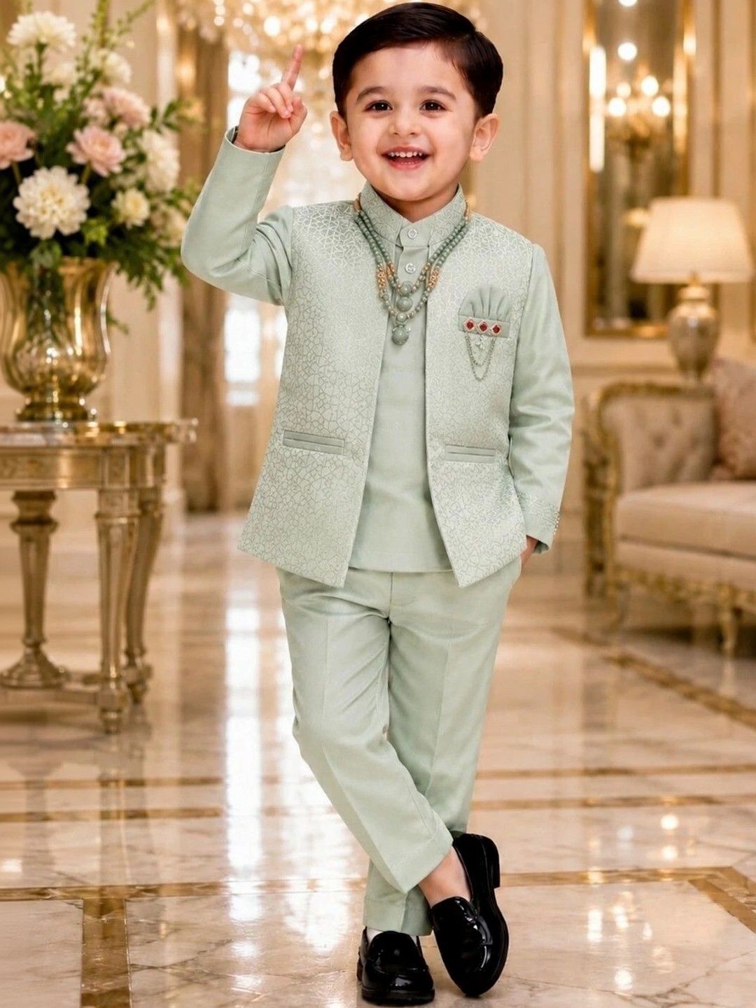 Elite Trend Traders Boys Self Design Mandarin Collar Sherwani Set