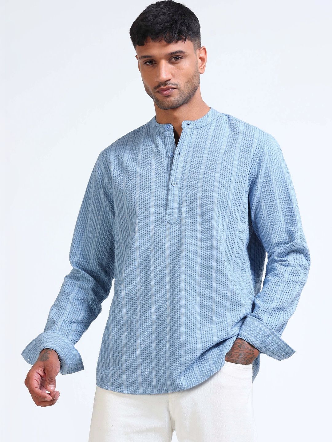 StitchX Men Seersucker Band Collar Pure Cotton Striped Kurta Shirt
