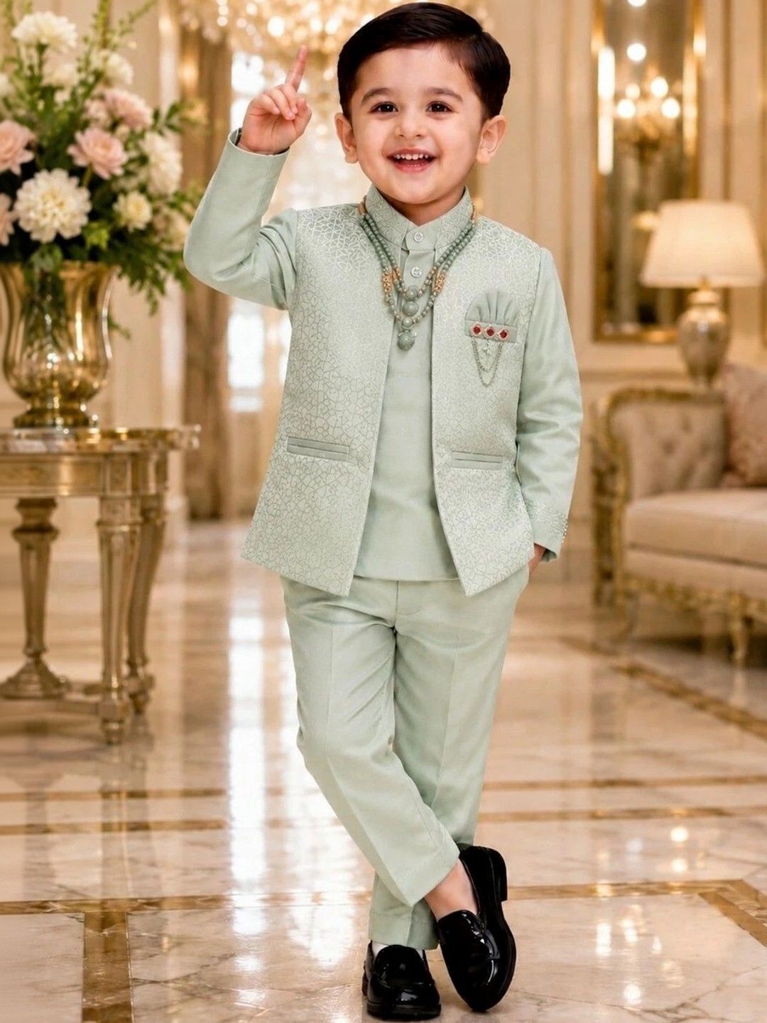 Elite Trend Traders Boys Self Design Mandarin Collar Sherwani Set
