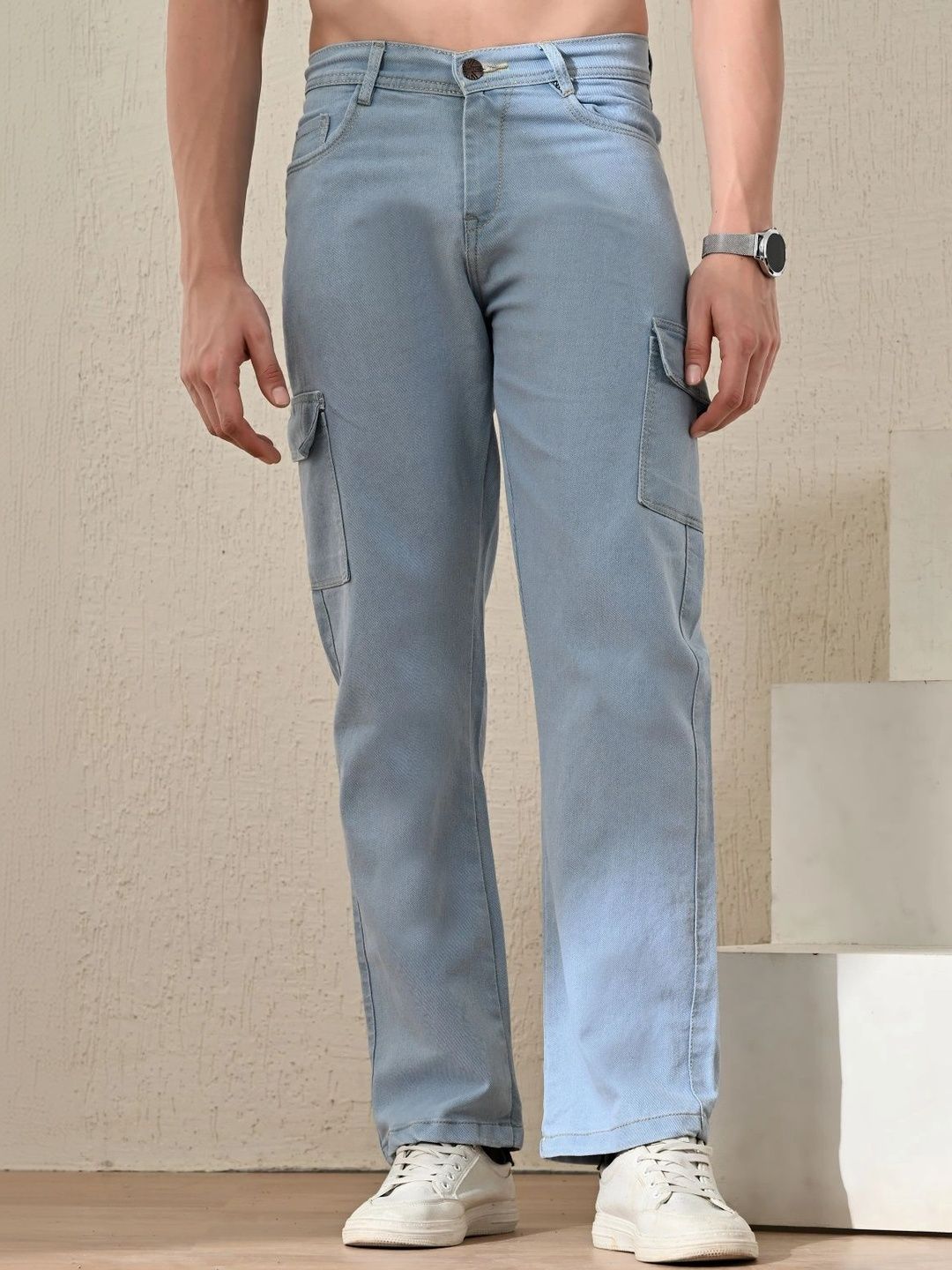 HERE&NOW Men's Light Blue Wash Mid-Rise Cargo Straight Leg Jeans