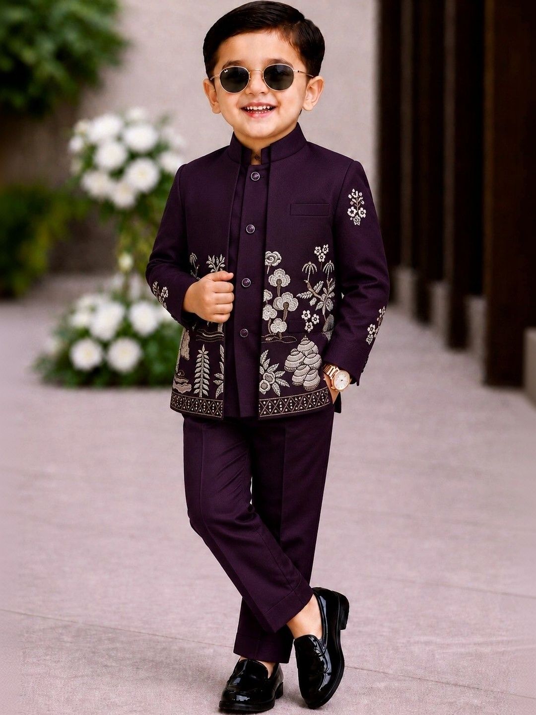 Elite Trend Traders Boys Embroidered Satin Mandarin Collar Neck Sherwani Set