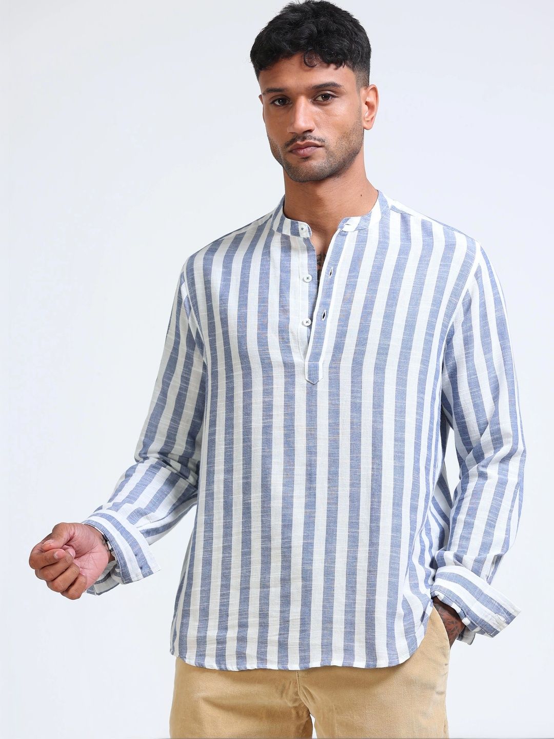 StitchX Men's Pure Cotton Striped Mandarin Collar Kurta Shirt