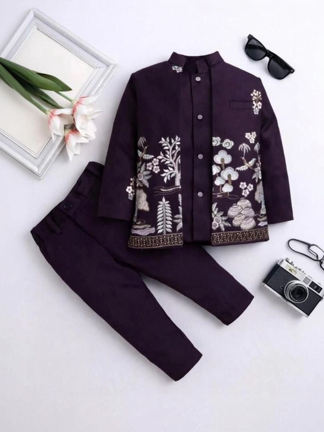 Elite Trend Traders Boys Embroidered Satin Mandarin Collar Neck Sherwani Set