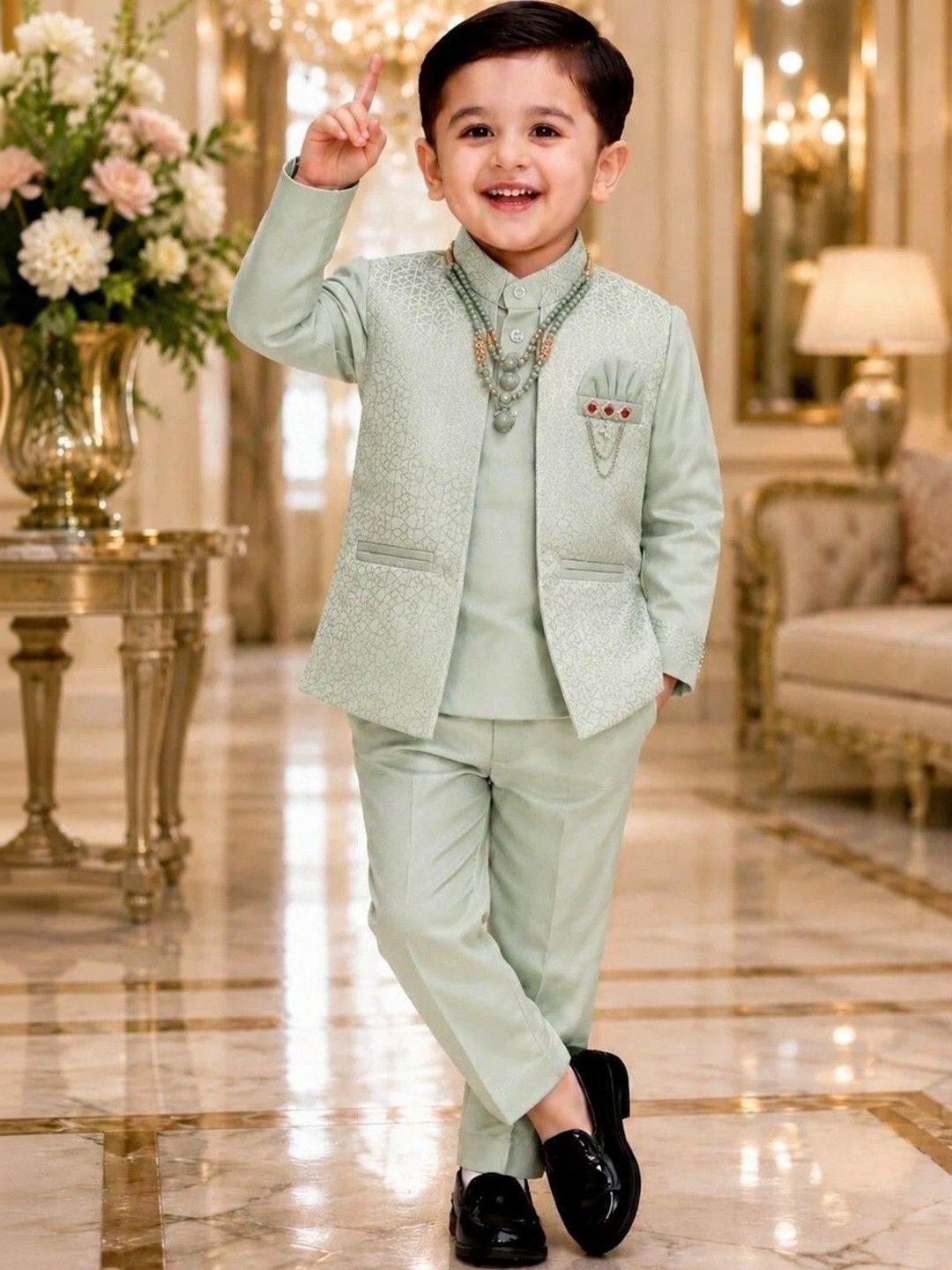 Elite Trend Traders Boys Self Design Mandarin Collar Sherwani Set