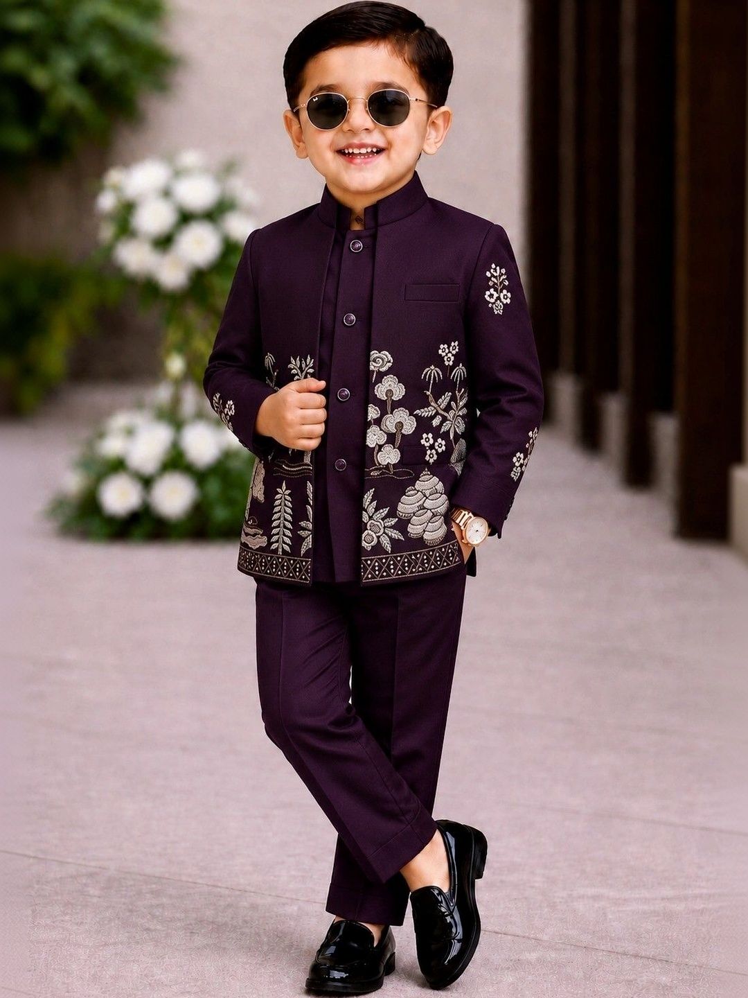 Elite Trend Traders Boys Embroidered Mandarin Collar Sherwani Set