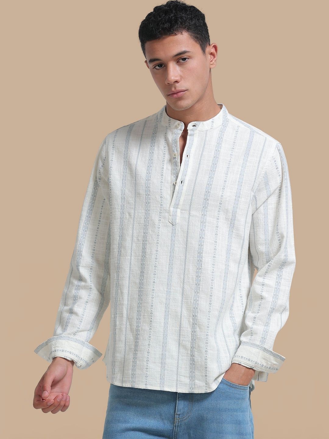 StitchX Men's Pure Cotton Striped Mandarin Collar Kurta Shirt