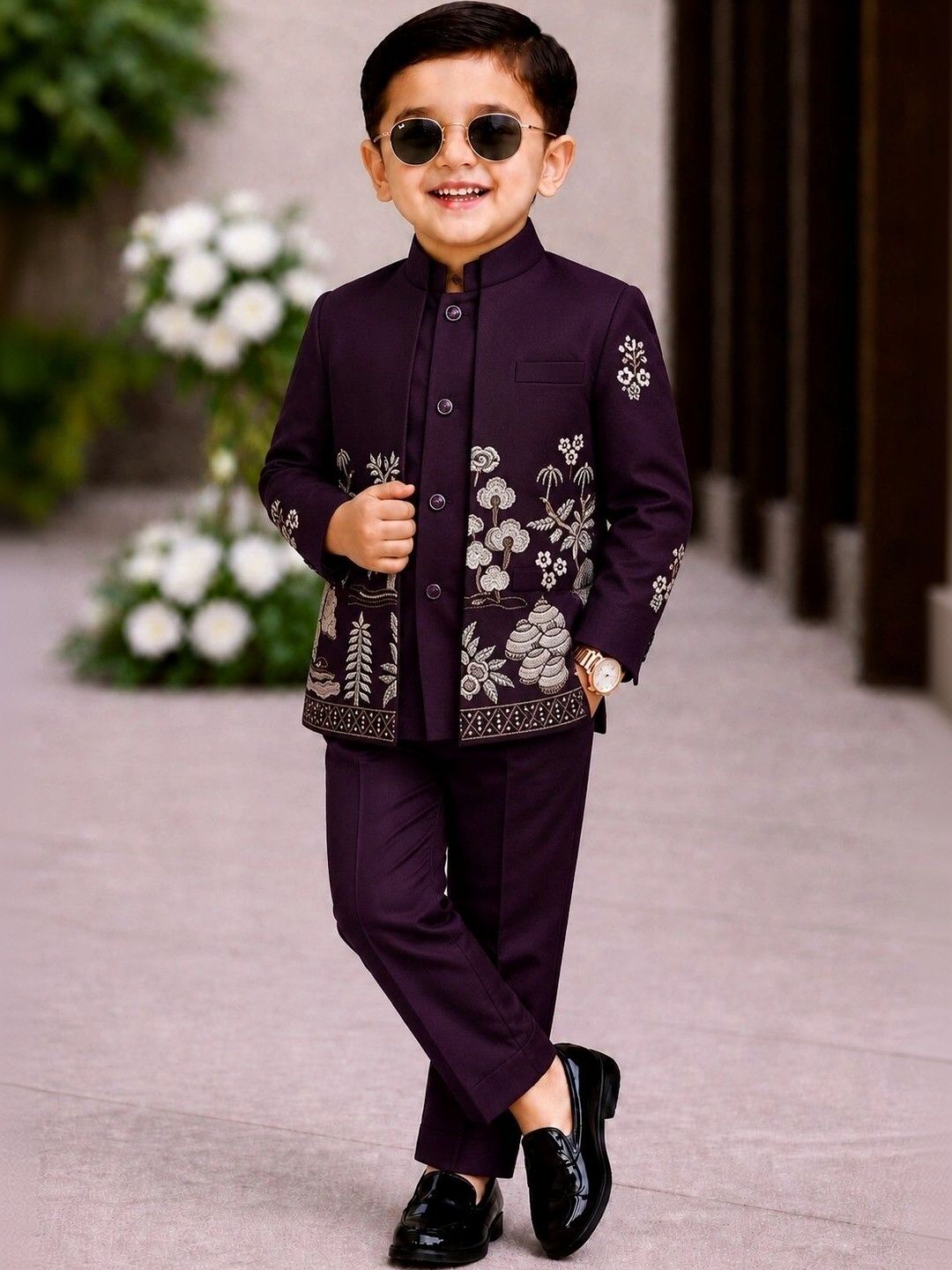 Elite Trend Traders Boys Embroidered Satin Mandarin Collar Neck Sherwani Set