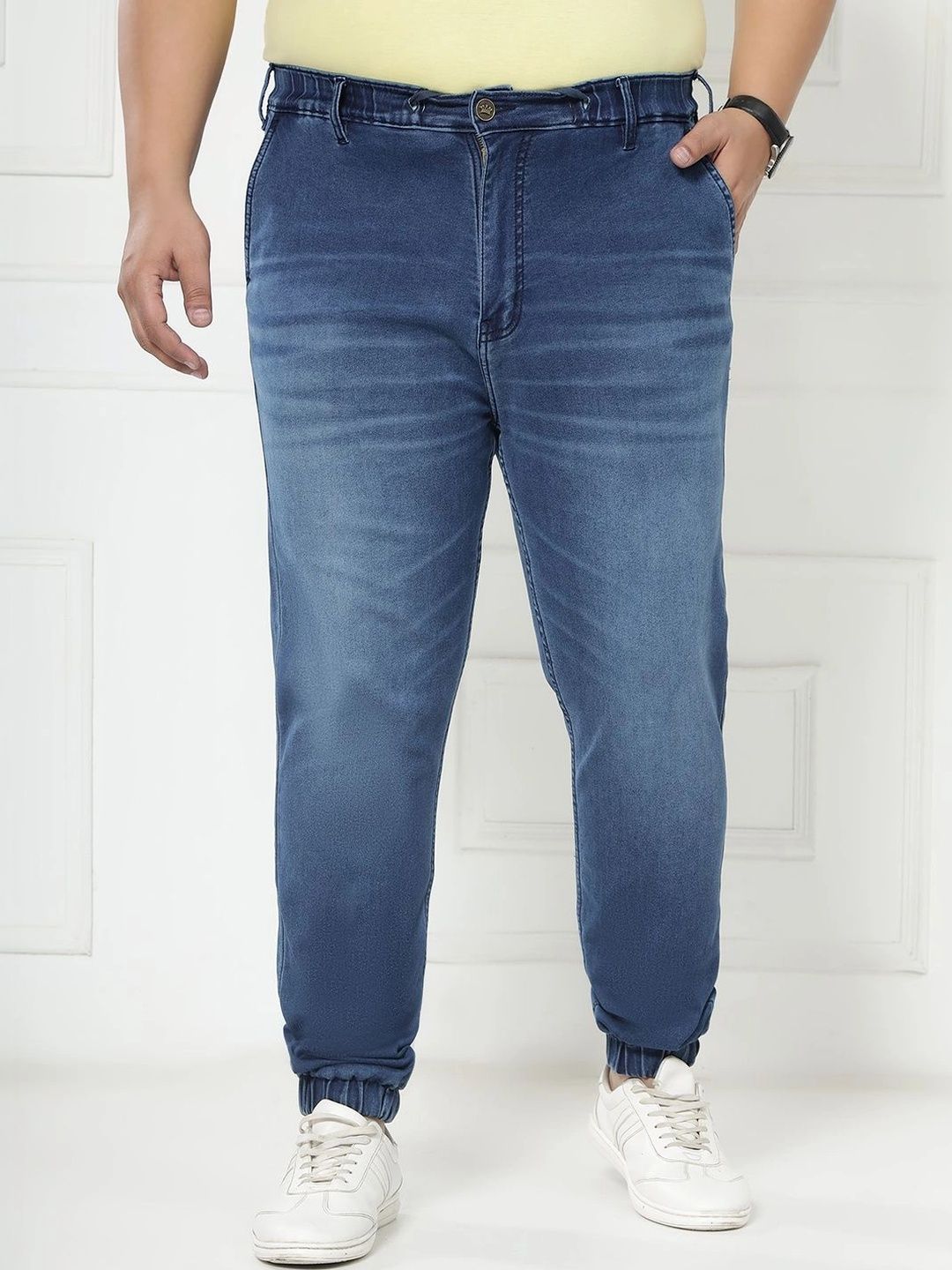 John Pride Plus Size Men Mid-Rise Stretchable Elasticated Waist Light Blue Jogger Jeans