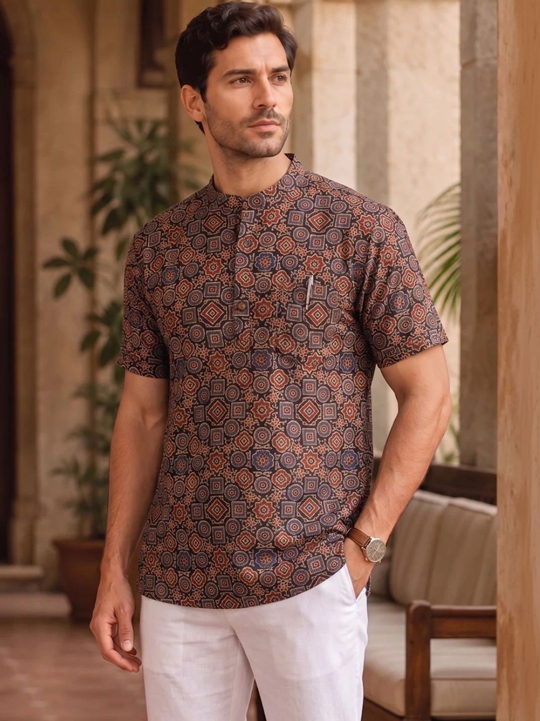Avishya Men Geometric Printed Handloom Kurta