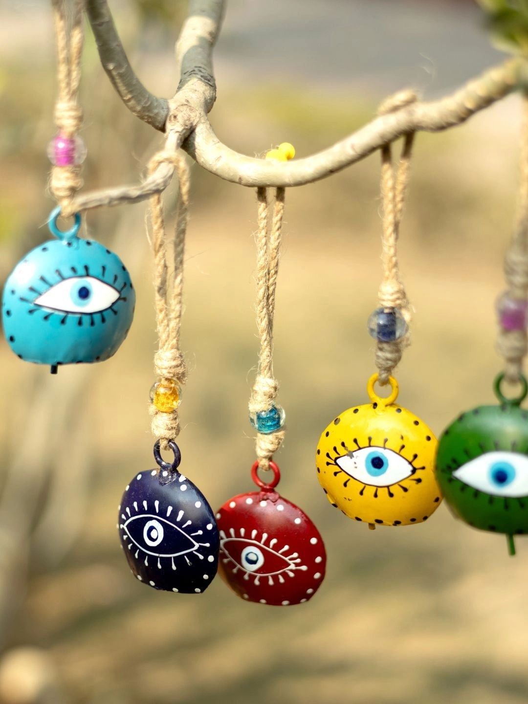 DULI Green & White 5 Pieces Cowbells With Evil Eye Windchimes