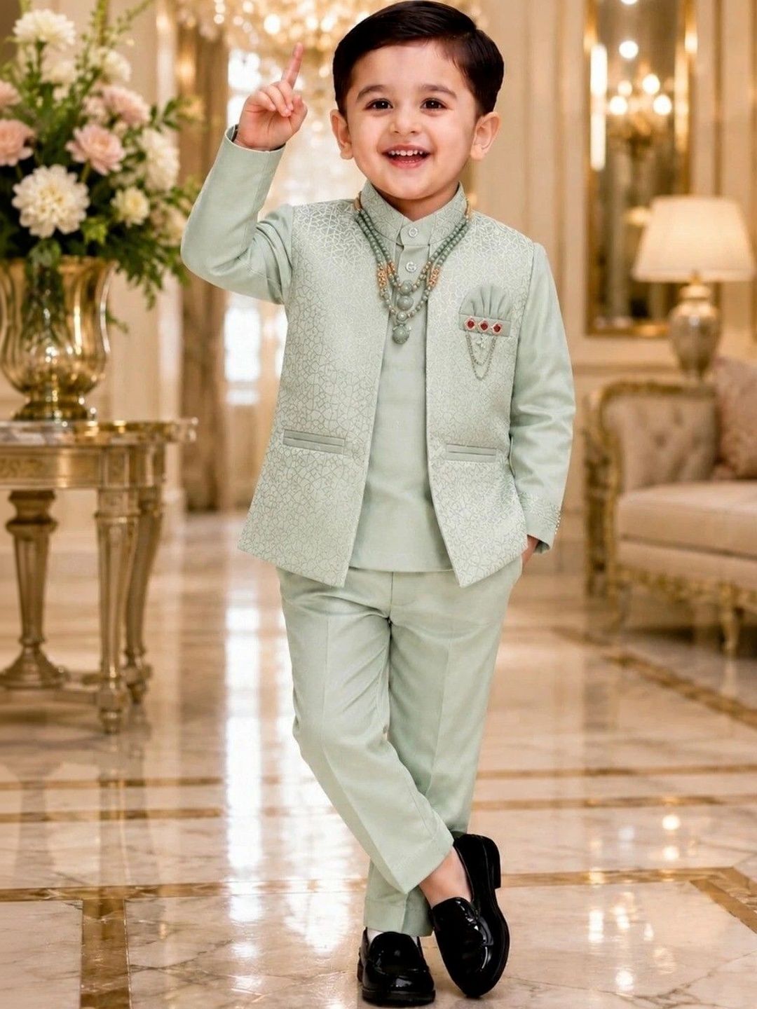 Elite Trend Traders Boys Self-Design Satin Mandarin Collar Neck Sherwani Set