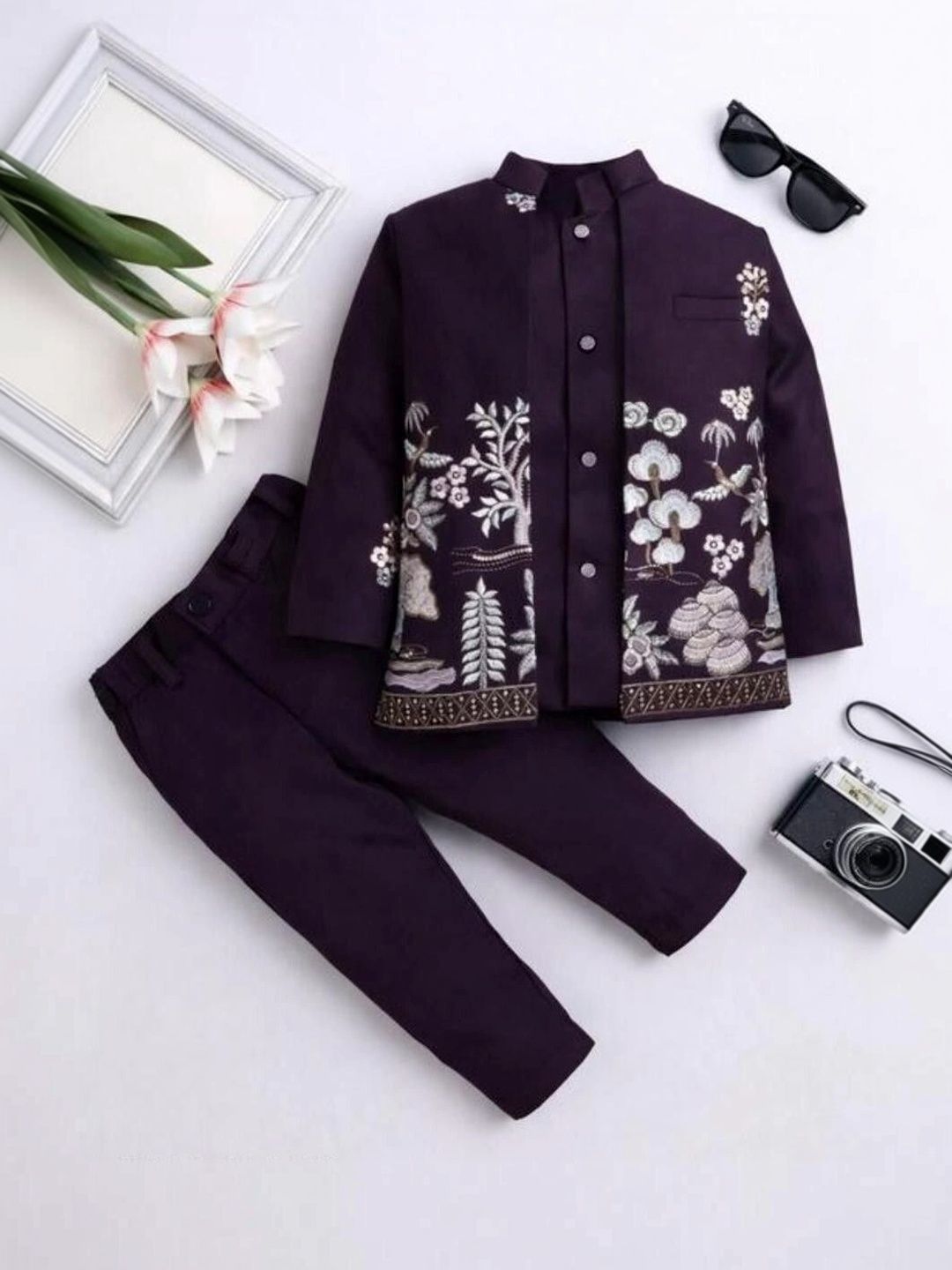 ELITE TRENDZZ Boys Embroidered Satin Mandarin Collar Neck Sherwani Set