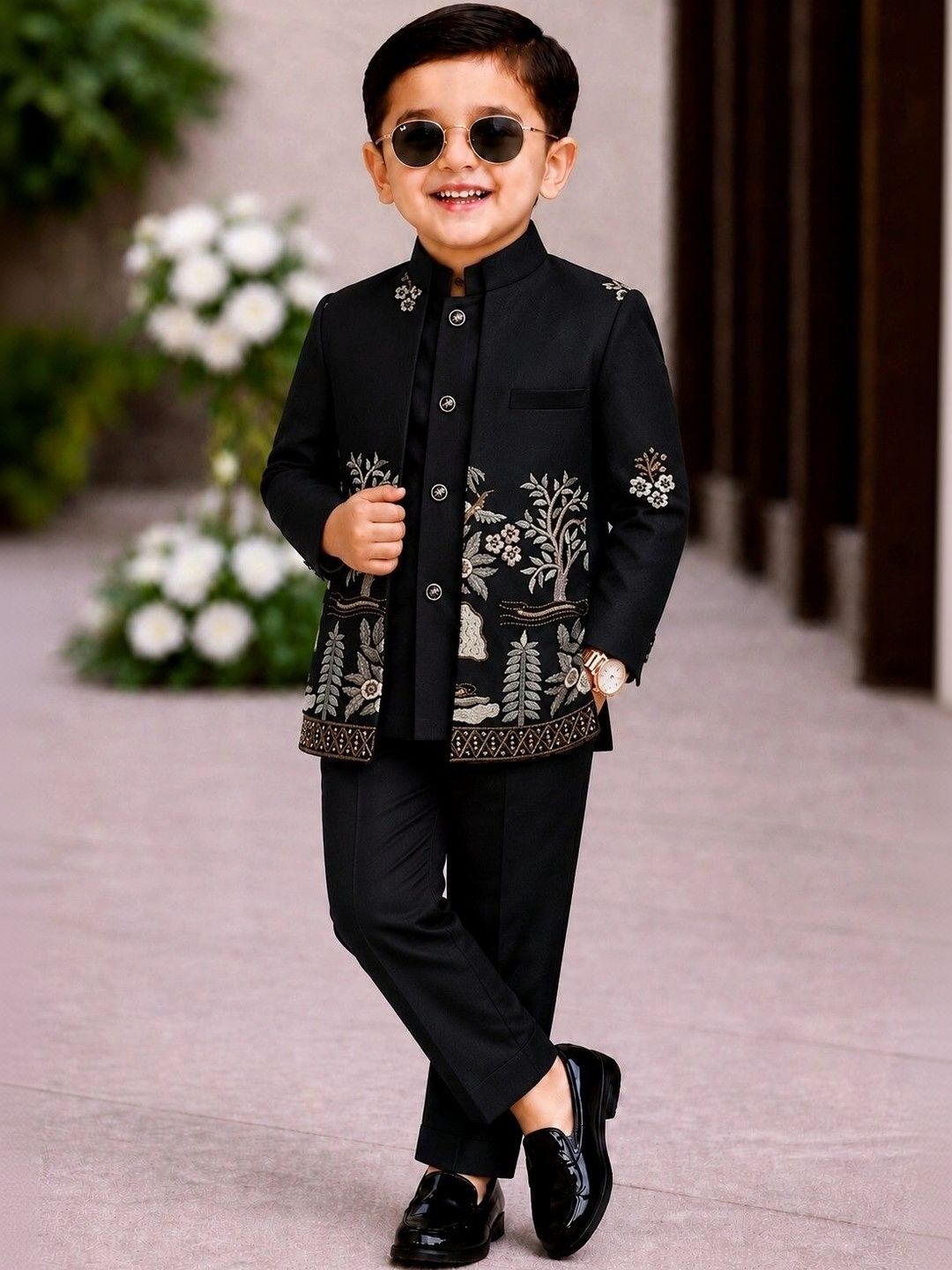 Elite Trend Traders Boys Embroidered Satin Mandarin Collar Neck Sherwani Set