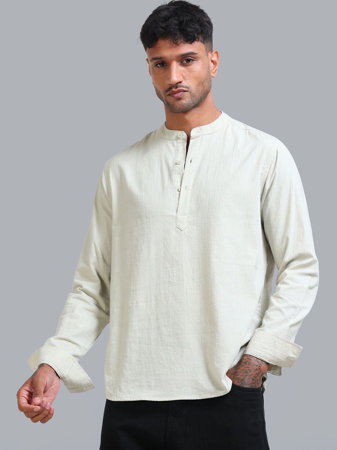 StitchX Men's Seersucker Band Collar Pure Cotton Striped Kurta Shirt
