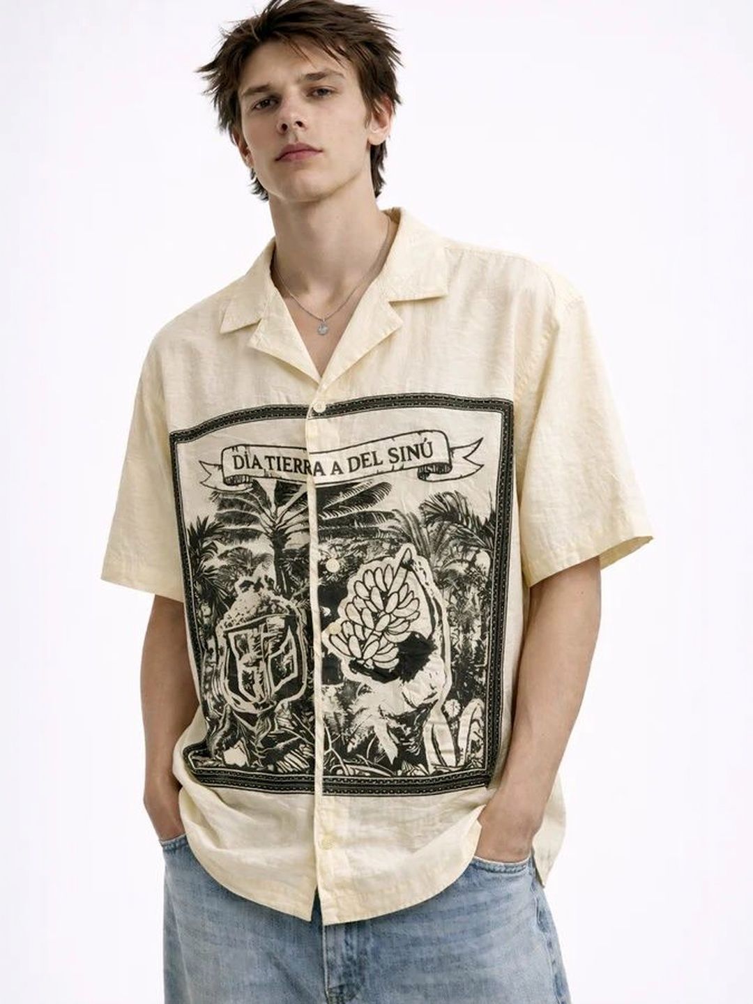 HERE&NOW Graphic Printed Cuban Collar Relaxed Fit Shirt