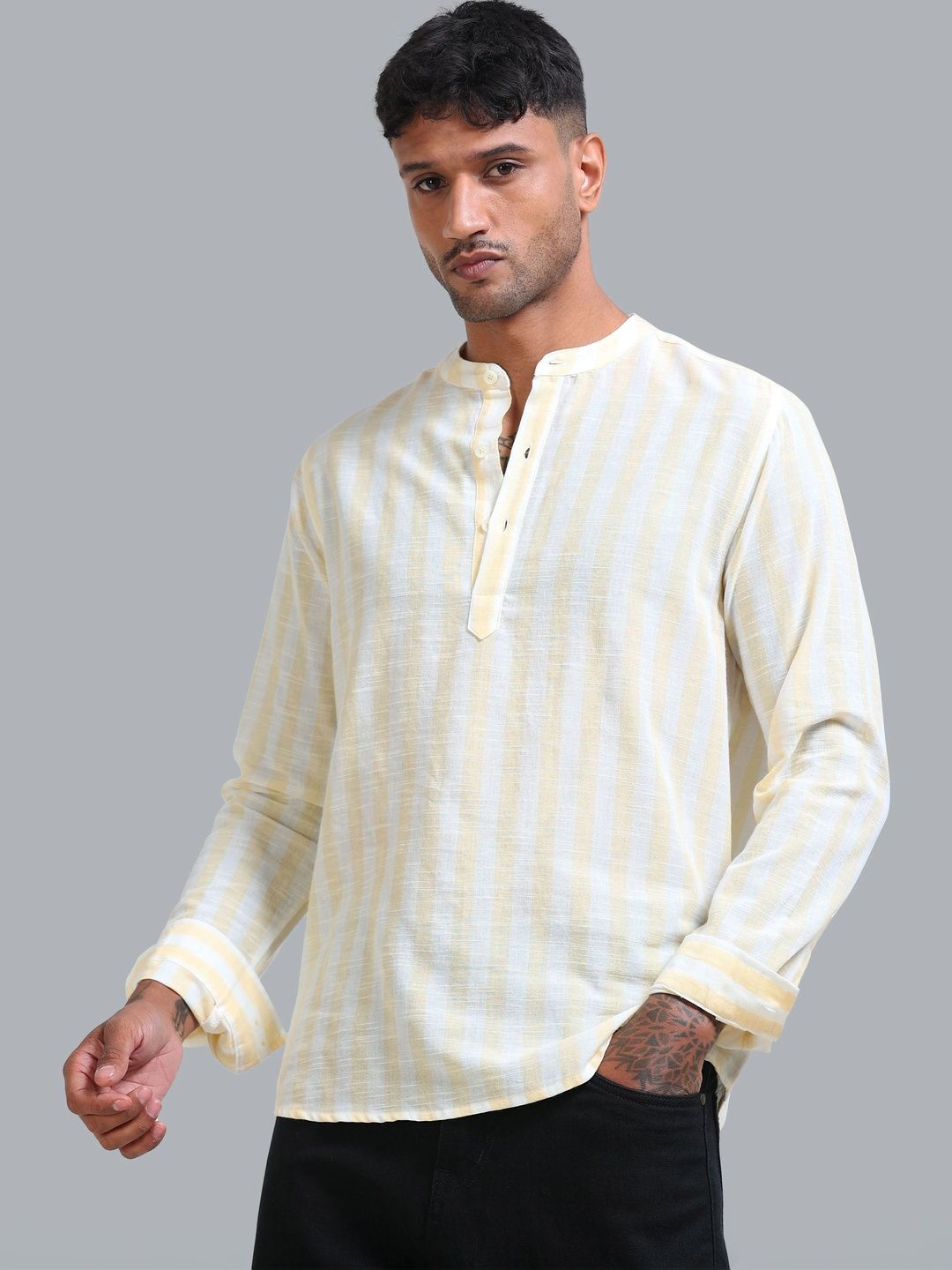 StitchX Men's Pure Cotton Striped Mandarin Collar Kurta Shirt