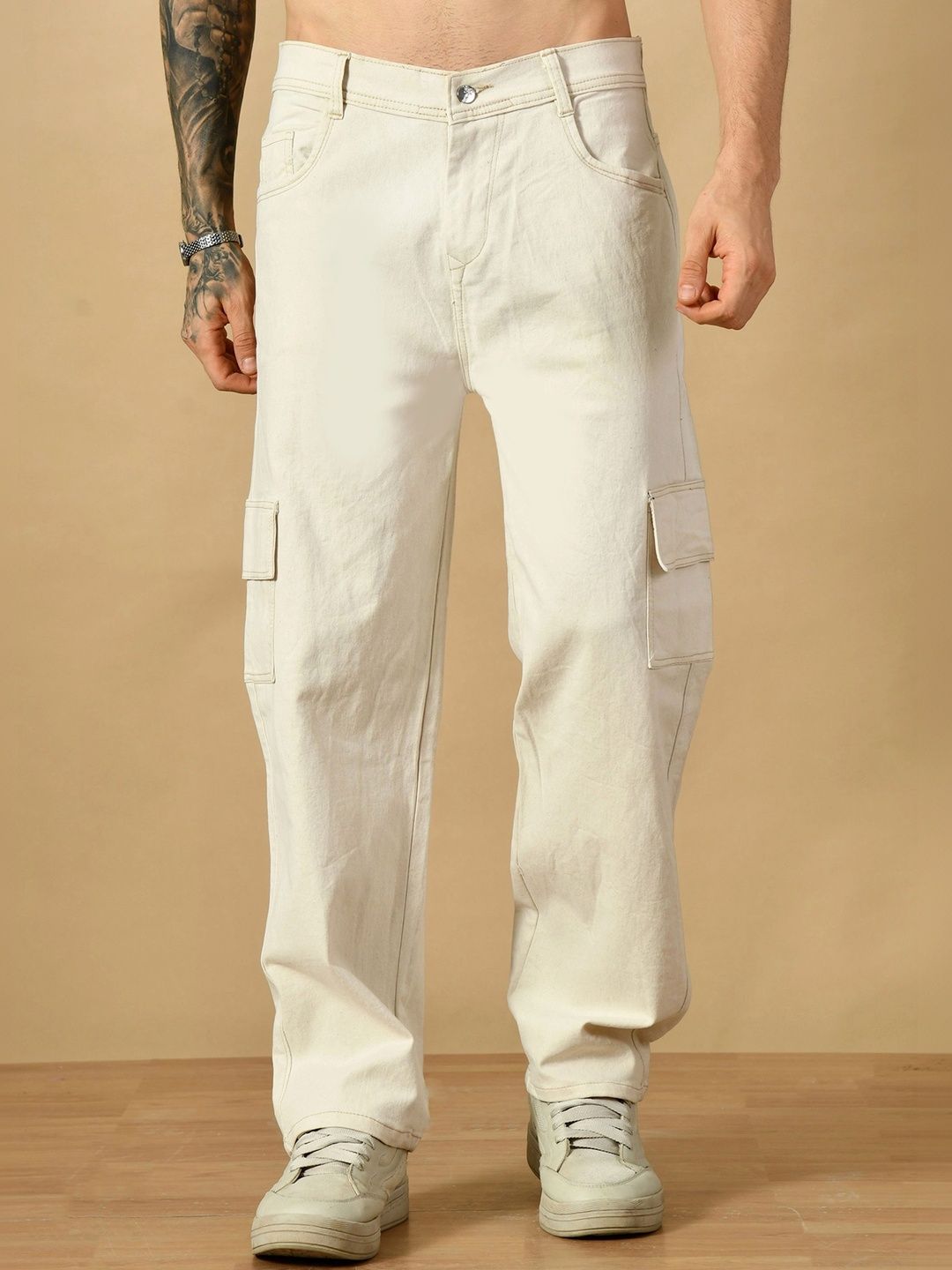 HERE&NOW Men's Contrast-Stitched Beige Cargo Wide-Leg Jeans