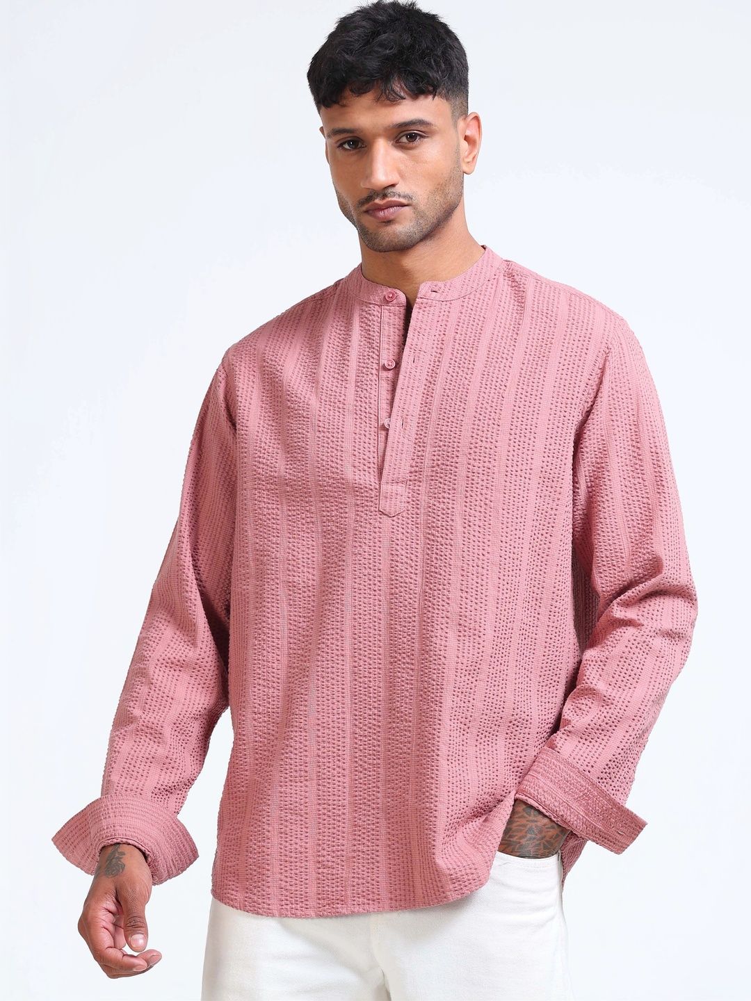 StitchX Men Seersucker Band Collar Pure Cotton Striped Kurta Shirt